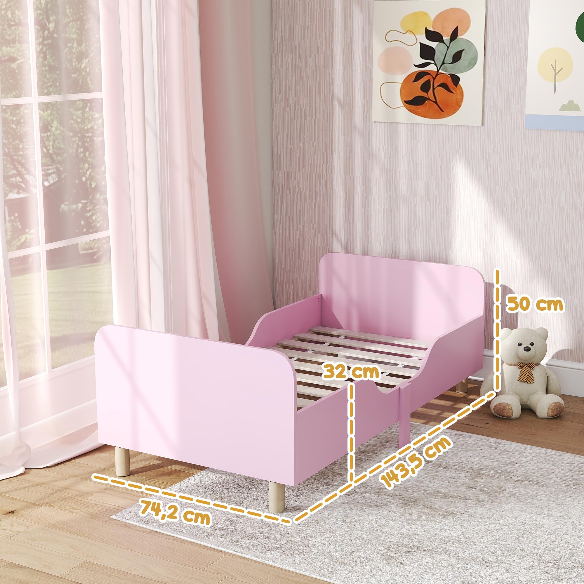 AIYAPLAY Kinderbett mit Rausfallschutz, Lattenrost, 140 x 70 cm Jugendbett mit Kopf- und Fußteil, Einzelbett aus Holz, Holzbett für Mädchen und Jungen, Rosa | mit Rausfallschutz