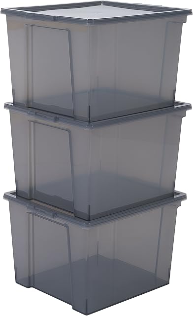 Iris Ohyama, Set of 3, Storage boxes, 30 L with lid, stackable, Garage, bedroom, living room - Useful Storage Box USB-M - Grey