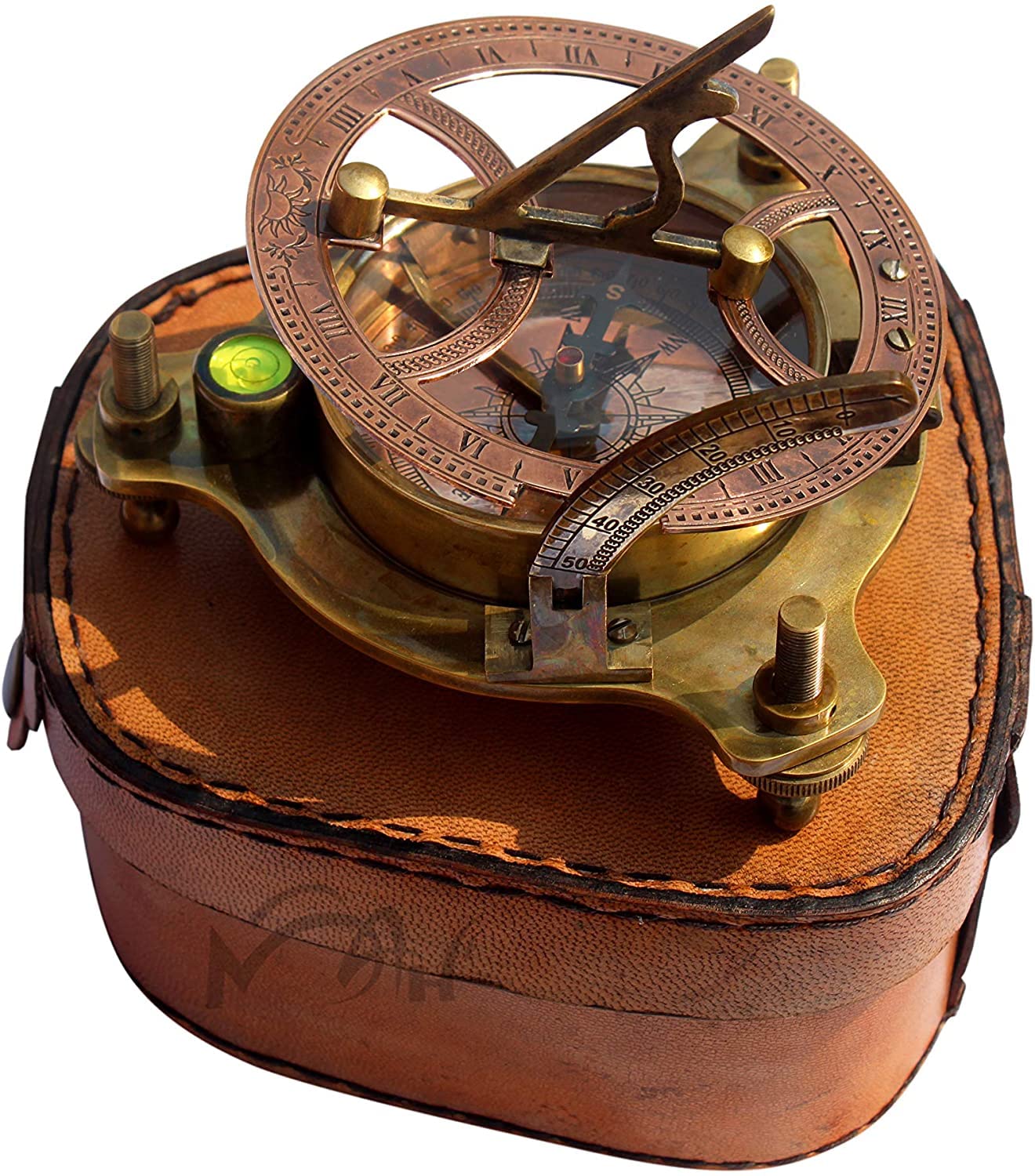 MAH 4''Captain's Brass Sundial Compass Marine Compass Nautical Compass & Adjustable Screw Legs with Leather Box. C-3053