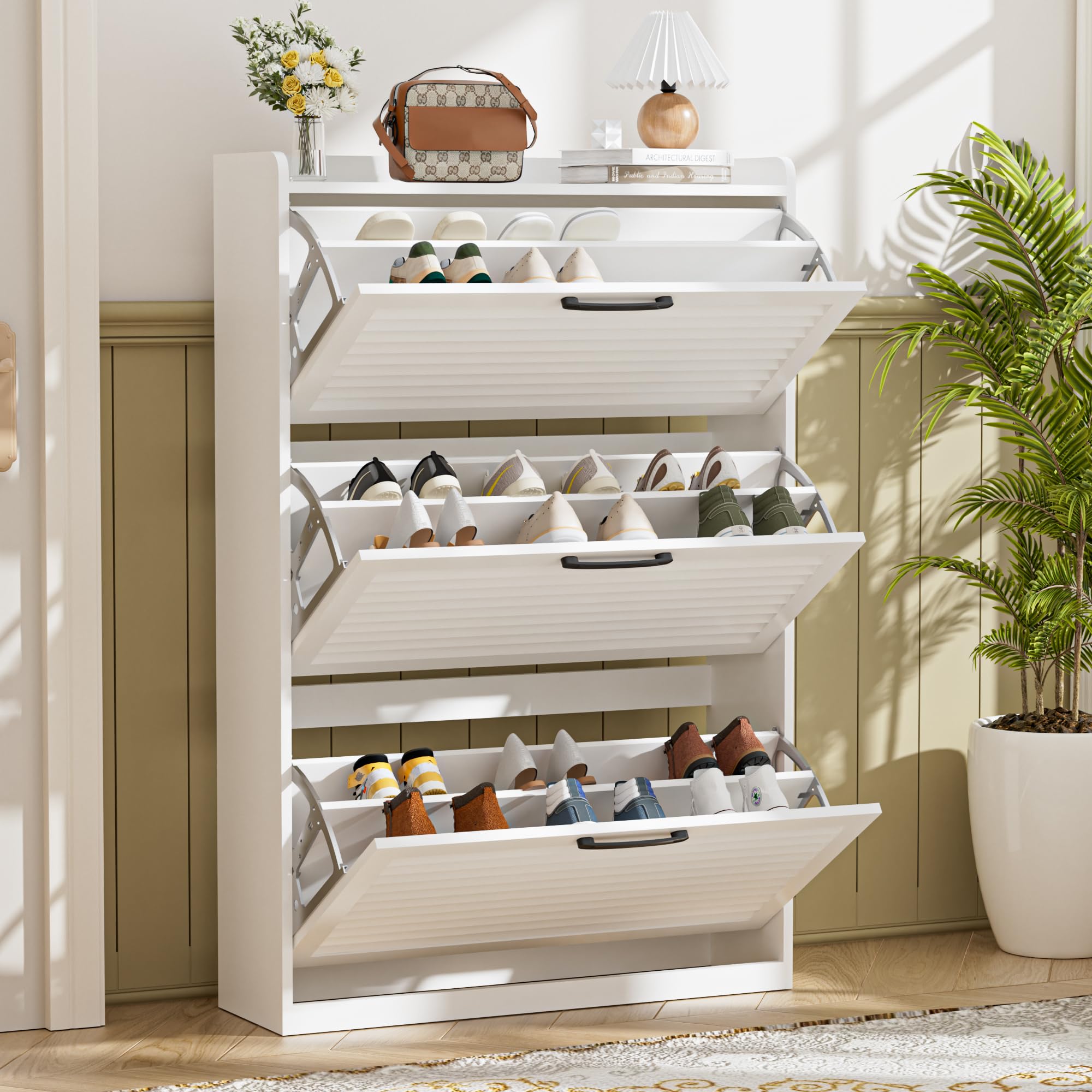 BonVache Mueble para Zapatos Estrecho, Armario basculante con Puerta de persianas, Mueble con 3 abatibles y 6 estantes Ajustables, Almacenamiento de Zapatos de Madera, 80x24x120 cm, Blanco