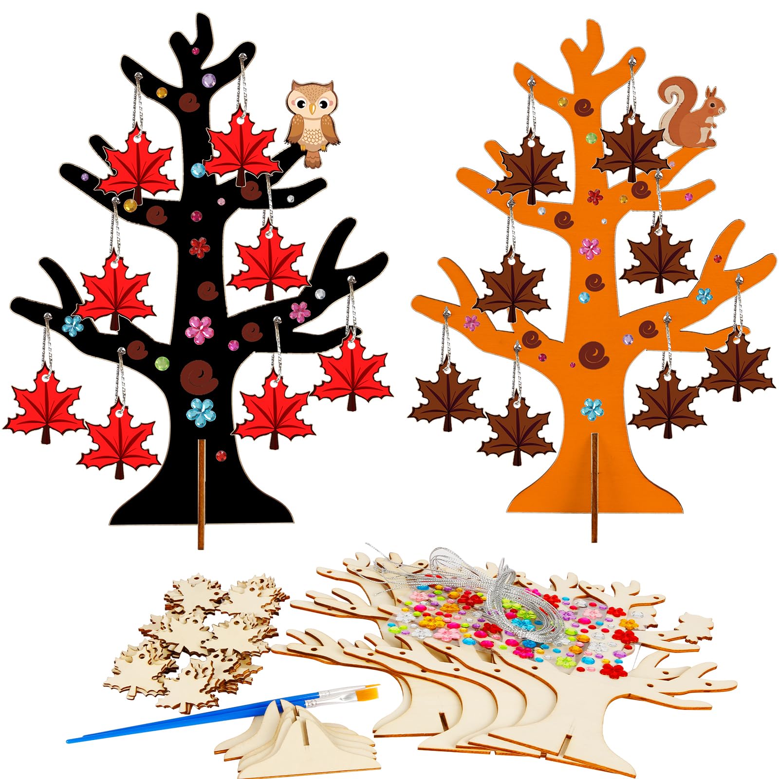 LOOPESAutumn Crafts for Kids,Wooden Autumn Tree Decorations with Autumn Leaves Painting Brushes and Silver Threads Autumn Craft Supplies for Fall Thanksgiving Halloween Harvest Decorations