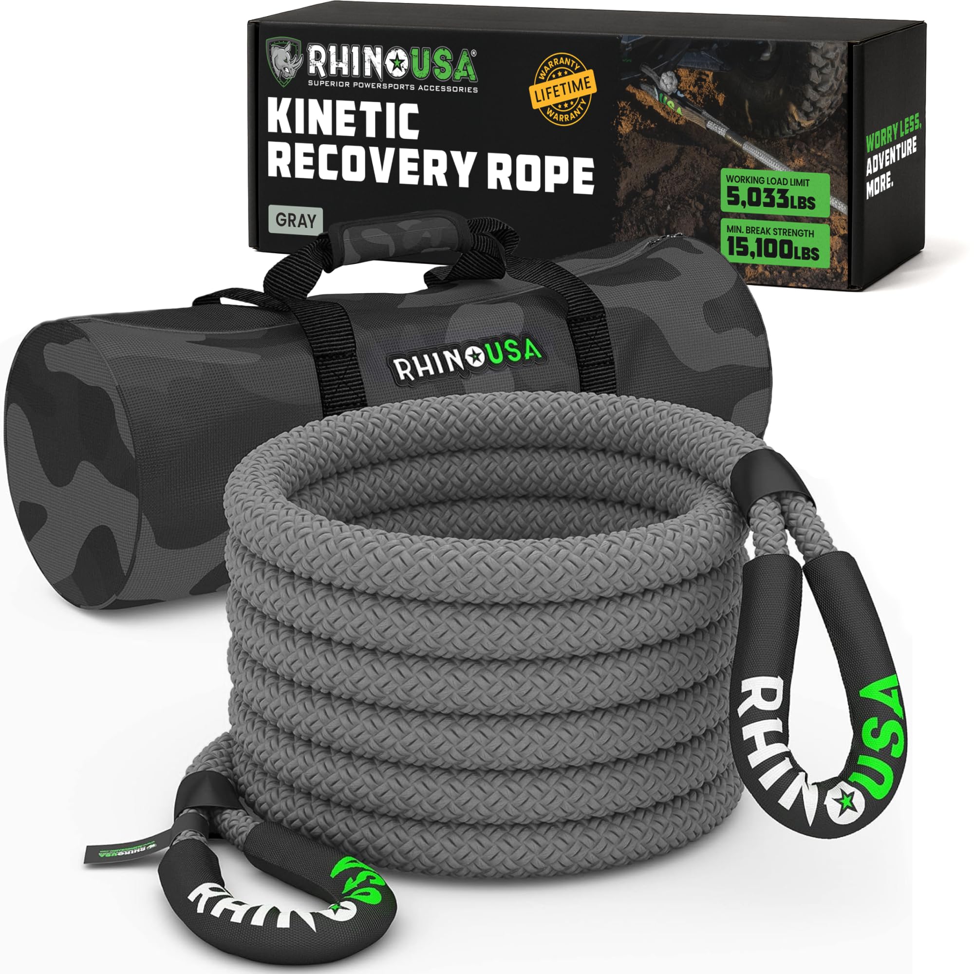 Rhino USA Kinetic Recovery Tow Rope Heavy Duty Offroad Snatch Strap for UTV, ATV, Truck, Car, Tractor - Ultimate Elastic Straps Towing Gear - Backed for Life! (5/8" x 20' Gray)