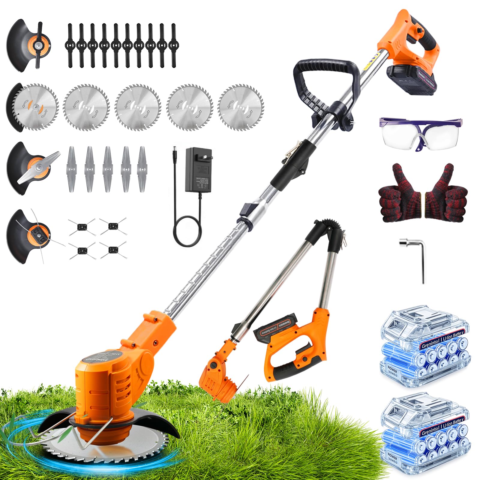 Desbrozadora a Batería 21V, Desbrozadora Eléctrica Sin Cable 4 en 1 con 2 Baterías 2000mAh, Cortabordes Eléctrico Potente 850W 9500RPM para Jardín, Césped y Maleza