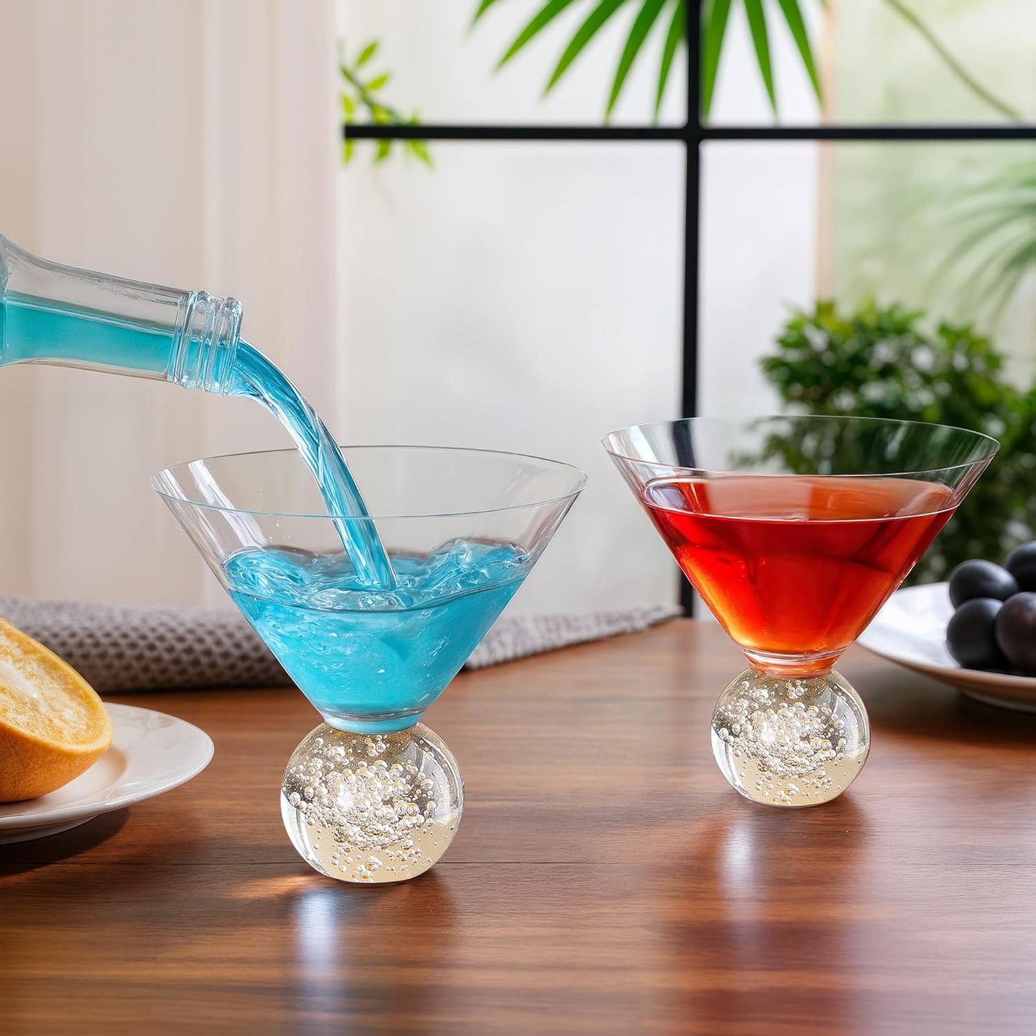 10oz Stemless Martini Glasses Set of 4, Cocktail Glasses with Sparkle Ball Base, Fancy thin Margarita Glassware, Hand Blown Crystal Cup for Parties, Birthdays, Gift, Bar, Dessert (Bubble)