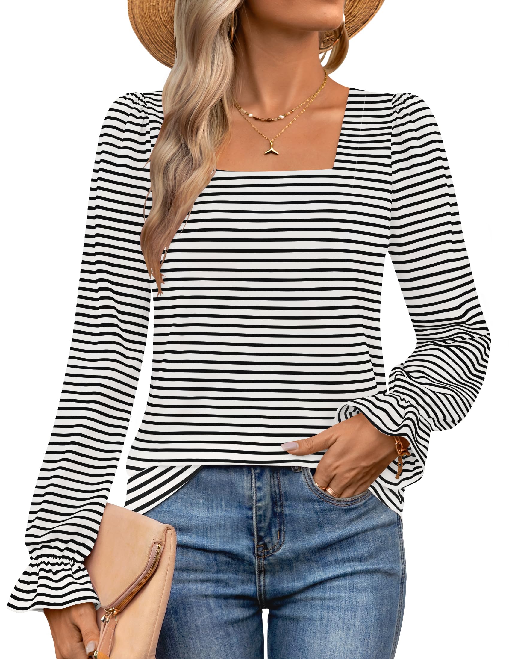 ZESICAWomen's Square Neck Tops Puff Long Sleeve Shirts Fall Fashion 2025 Clothes