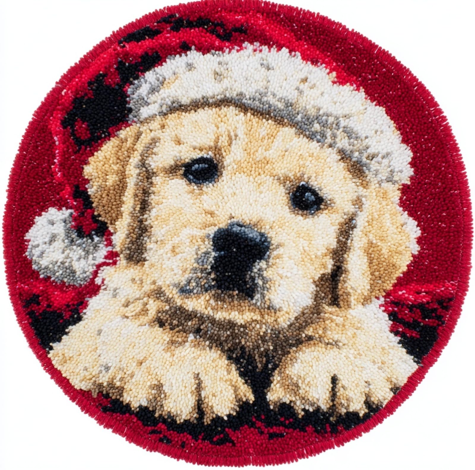 WallustrioaW Latch Hook Rug Kits for Adults,A Puppy Wearing a Santa hat,Crochet Kits for Beginners,DIY Cross Stitch Cushion Craft with Yarn and Crochet Hook,50x50cm