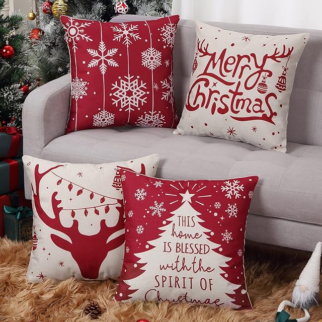Hapterouse Christmas Cushion Covers Sofa Cushions Christmas Decorations Snowflakes Christmas Tree Lights Reindeer Pillow Covers Square Pillowcase for Couch Car, Red and White 18x18inch Set of 4