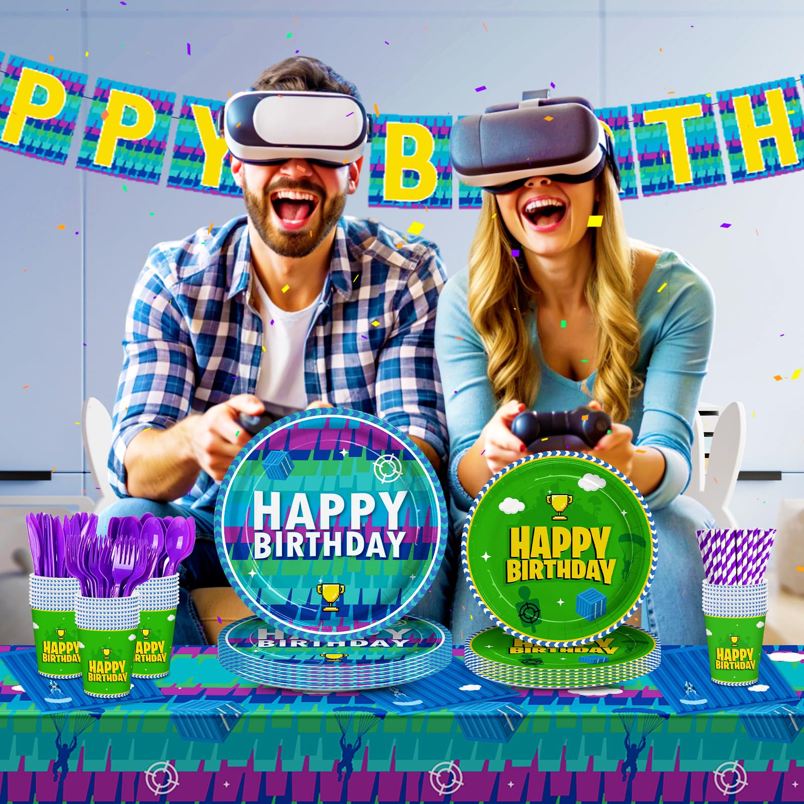 Juego de 194 piezas de decoración de fiesta de cumpleaños de videojuegos, platos de noche, servilletas, temática de llama, vasos de papel, mantel, suministros de fiesta de videojuegos para niños