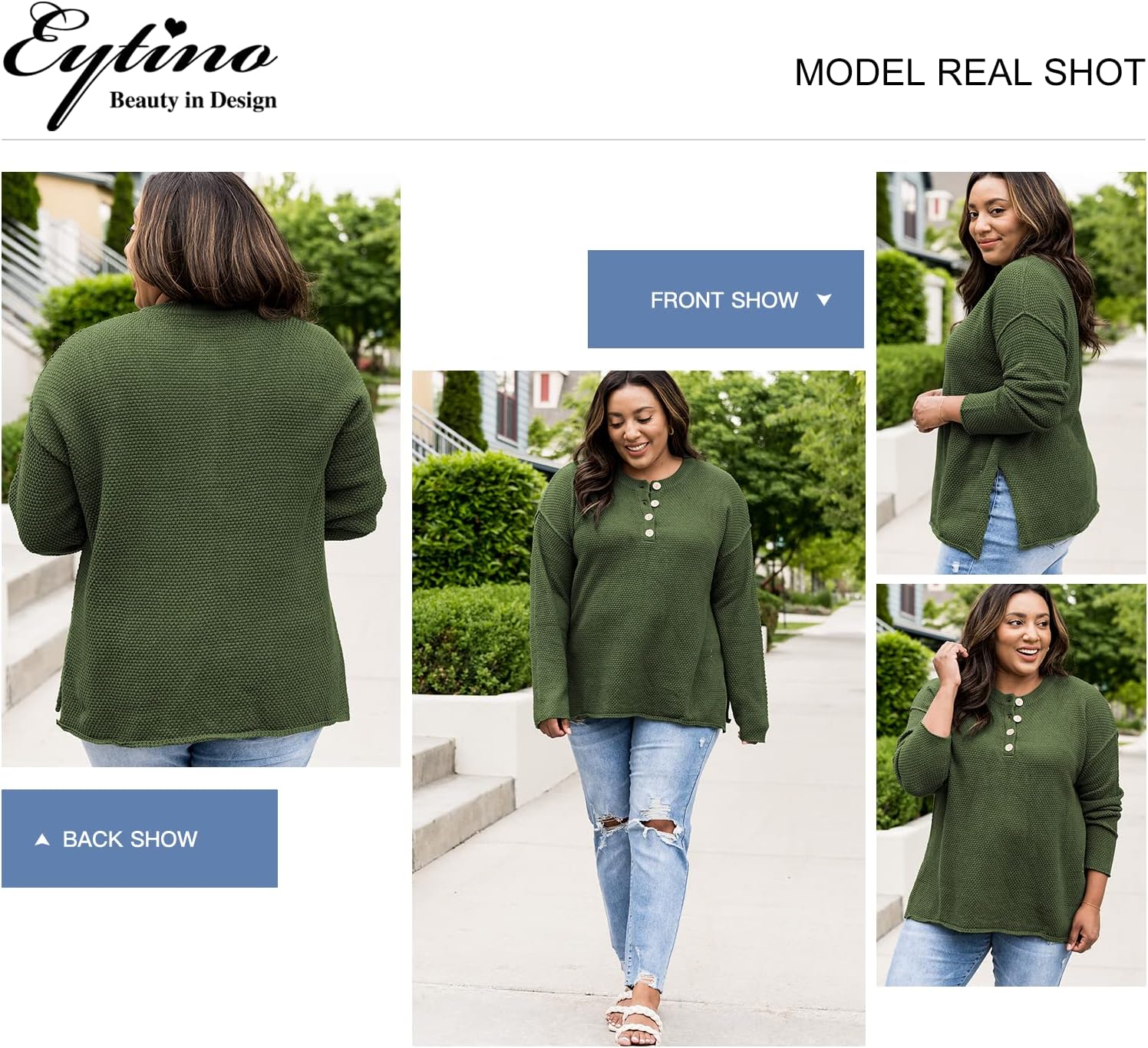 Eytino Womens Plus Size Sweaters Casual Long Sleeve Loose V Neck Button Henley Tops Pullover Knit Jumpers,(1X-5X) - Image 4