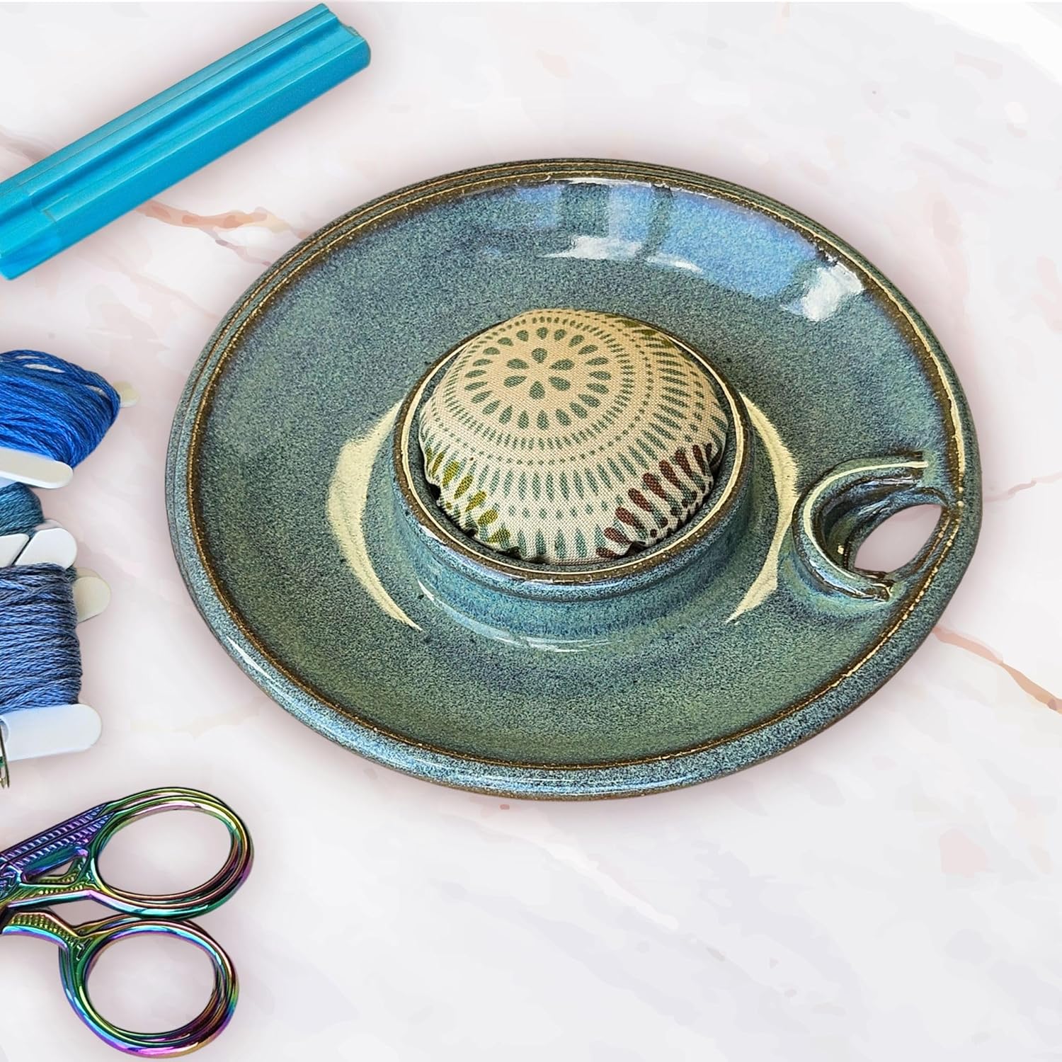 Sewing Station Caddy Pincushion Bobbin Storage Scissor Kit Holder Craft Room Organizer Spool Green Batik