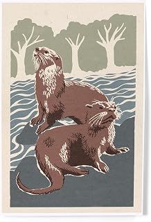 Lantern Press 8x12 Inch Art Print Wall Decor, River Otters, Woodblock Print