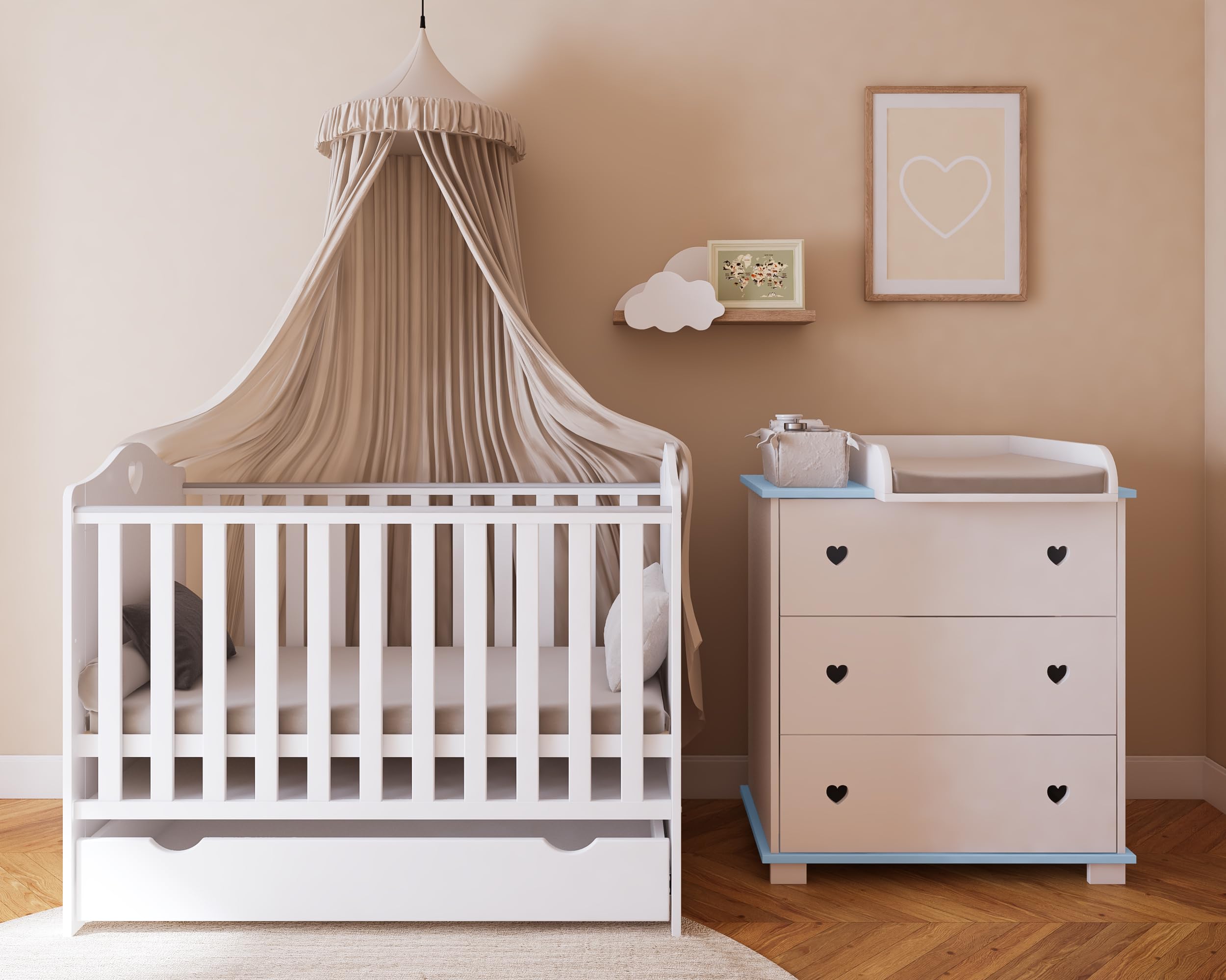 zee Set Cameretta Neonato Bianca Blu Lettino 120x60 2in1 Bella Con Cassetto e Sponda di Sicurezza + Cassettiera Fasciatoio CUORI Con Fasciatoio 3 Cassetti