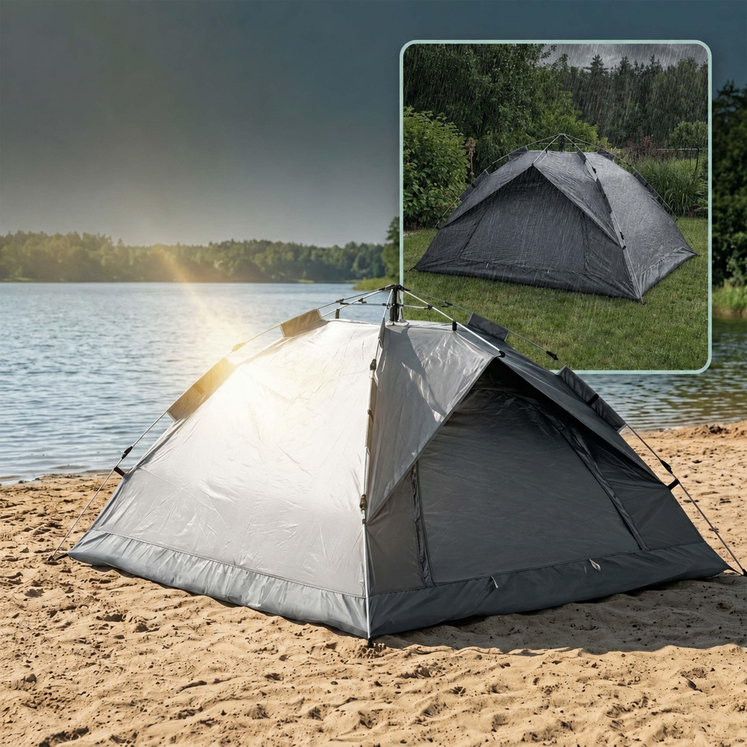 Relaxdays Tenda da campeggio pop-up automatica, 3-4 persone, grigia | protezione UPF50+, zanzariera, 135x200x200 cm