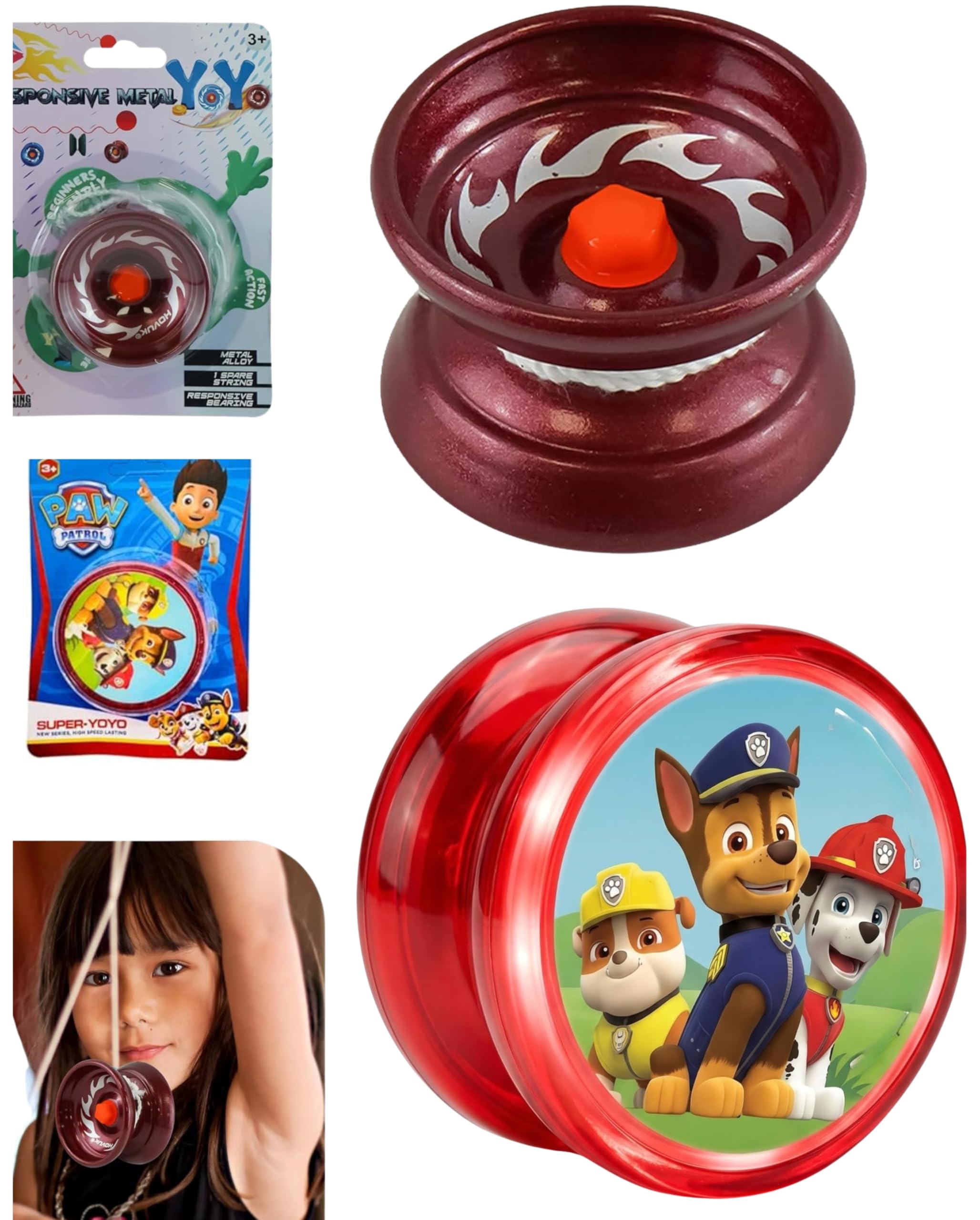 Red Metal Trick YoYo 5cm & Paw Patrol LED Light Up YoYo 5.5cm 2 Pack for Kids, Beginner Responsive Skill Toy, Aluminum Tug Return YoYo with Extra String, Fidget Gift Set