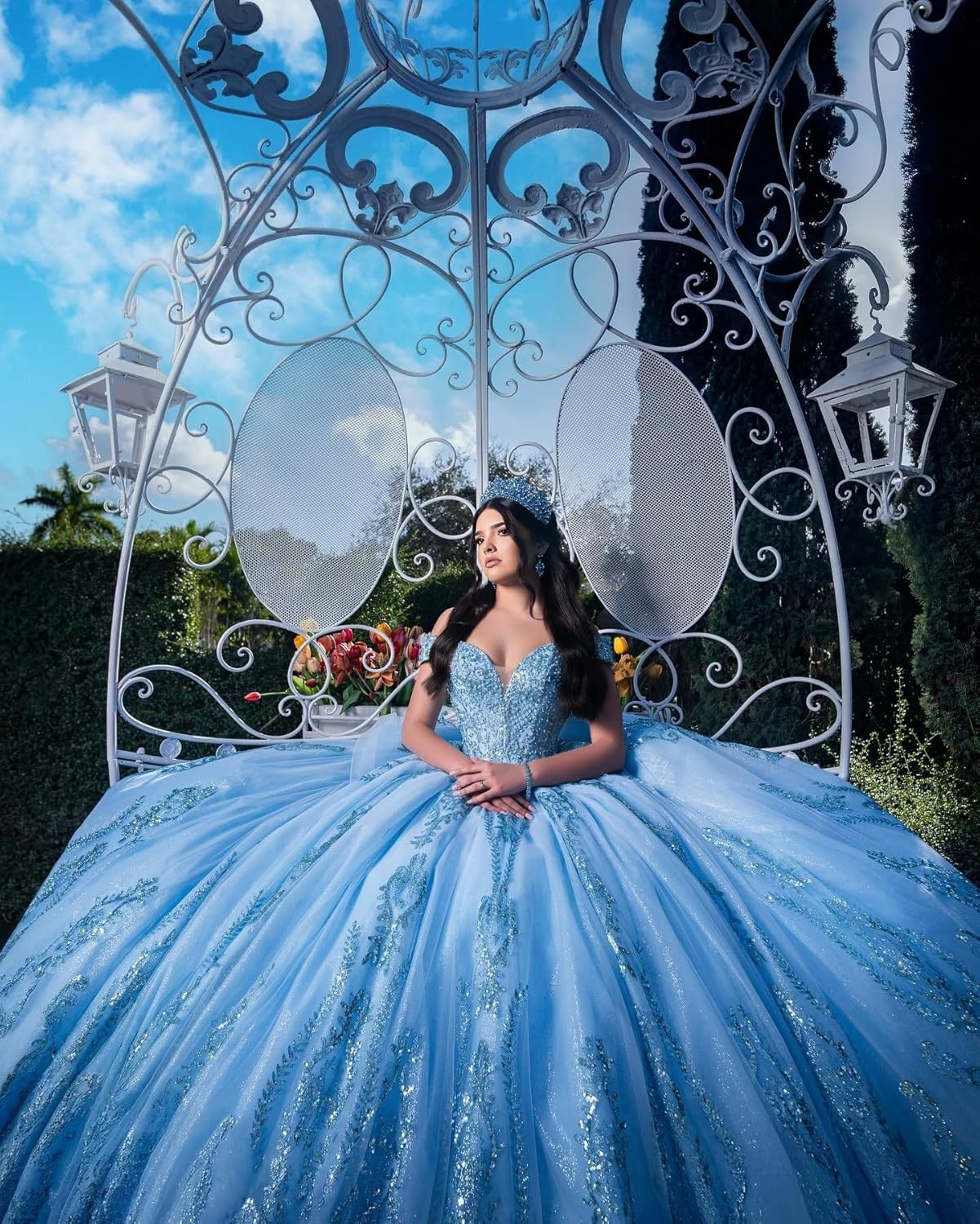 Zhangyo Off Shoulder Quinceanera Dresses with Train Ruffle Tulle Sweet 15 16 Dresses Sparkly Lace Ball Gown - Image 4