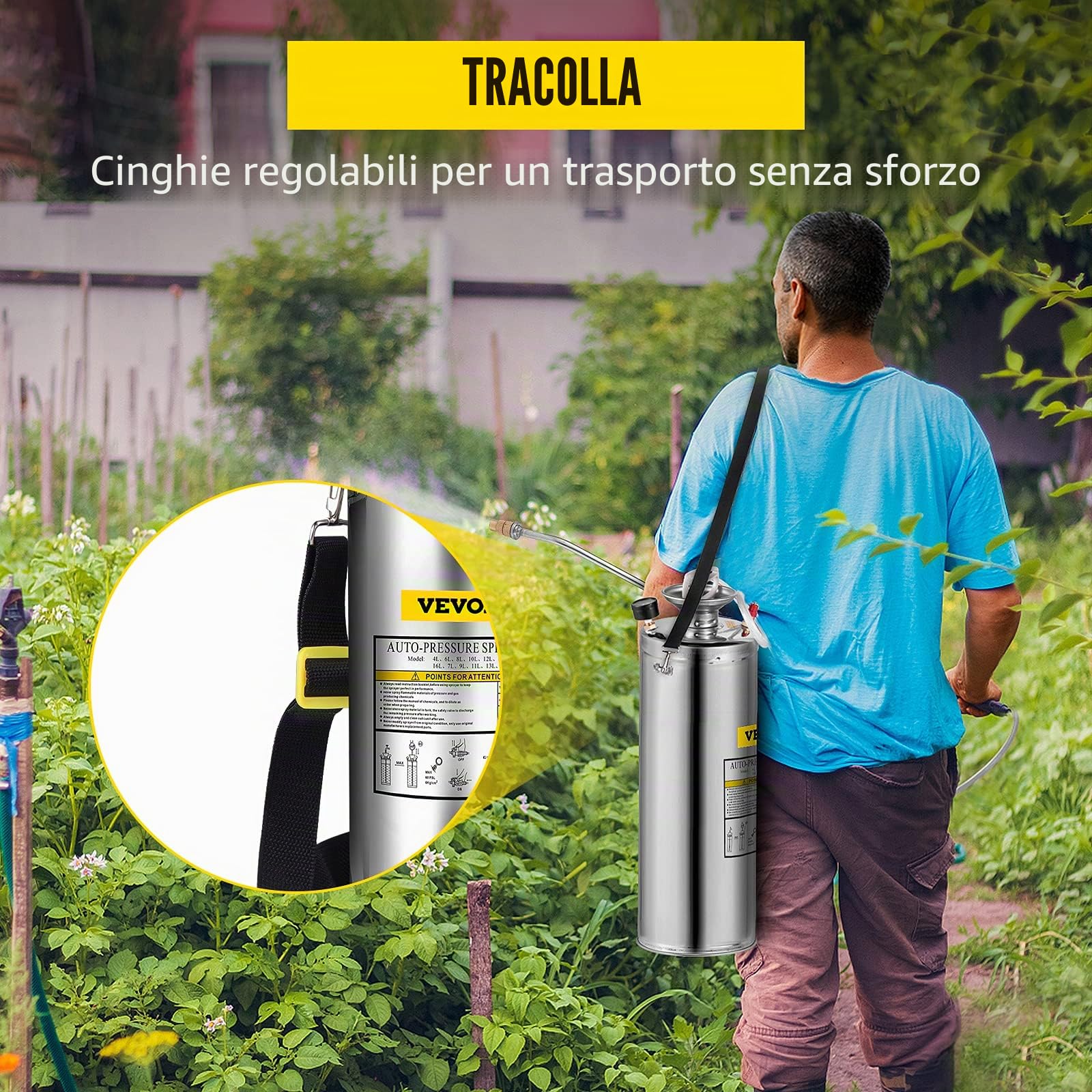 VEVOR Spruzzatore 6L in Acciaio Inossidabile, Spruzzatore Manuale a Pompa, Spruzzatore da Giardino Rinforzato a Pressione da 3,3 Pollici, Spruzzatore per Giardinaggio Domestico e Pulizia del Terreno