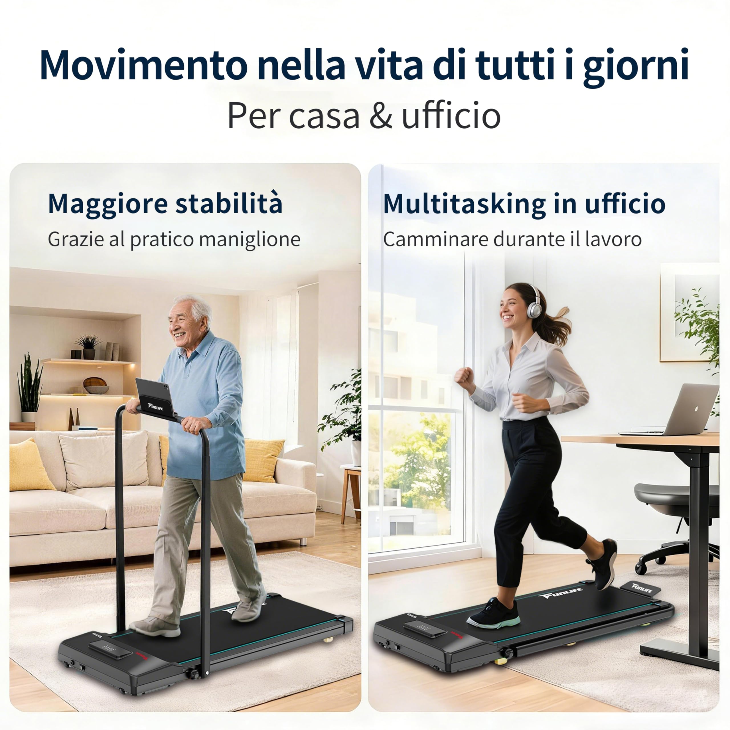 FunLife F1 - Tapis roulant pieghevole 3 in 1 con maniglia, silenziosa e piatta, fino a 120 kg, per scrivania e ufficio, per anziani e riabilitazione