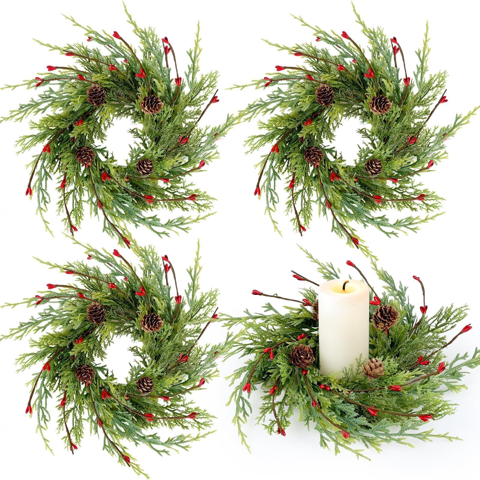 4 Pcs Artificial Christmas Candle Rings 9 Inch Cedar Pine Garland Wreaths with Red Berries Pinecones Wreaths Pine Needles Candle Ring Holder for Christmas Winter Decorations Table Centerpiece