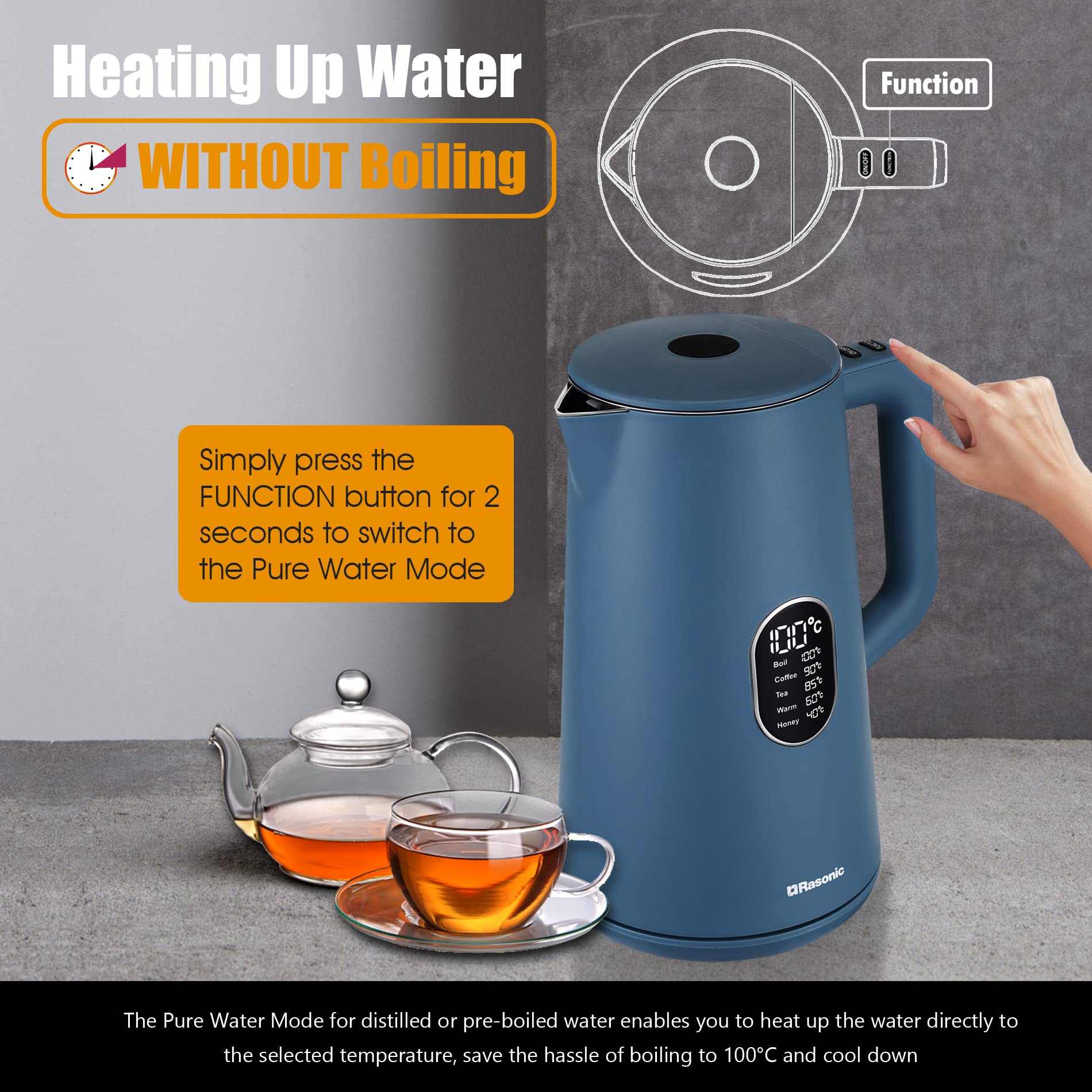Amazon.com: Rasonic Electric Cordless Kettle with Temperature Control (40°C  to 100°C), 1.5 Litre 1800W Fast Boil Dual Heating Modes Hot Water Pot with  Real-Time Temperature Display, Navy Blue: Home u0026 Kitchen