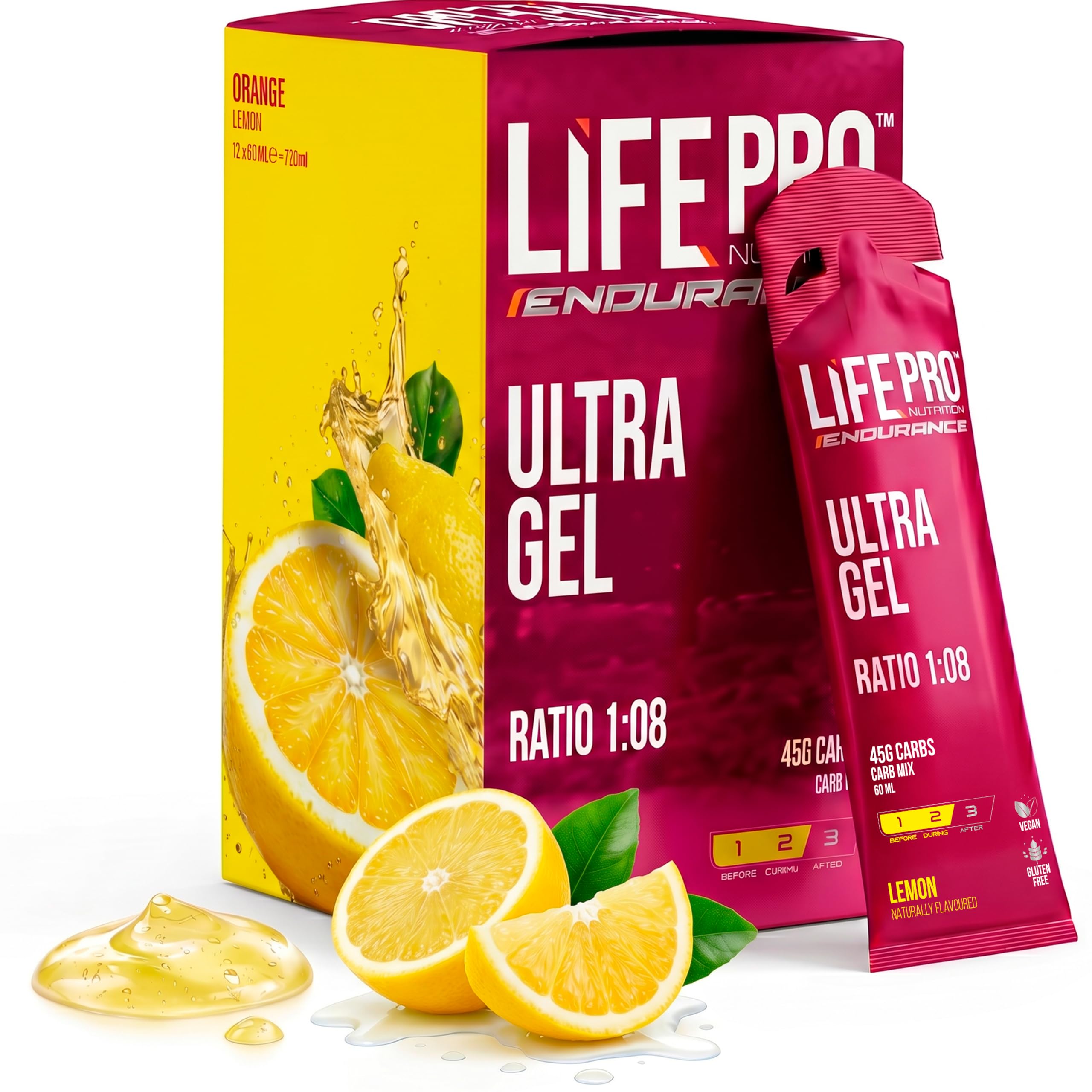 Life Pro Endurance Ultra Gel 1:08 12X60Ml - Gel Energético Sin Cafeína Para Deportistas Resistencia, Running, Ciclismo Y Triatlón Con Carbohidratos De Absorción Rápida Y Electrolitos - Sabor Limón