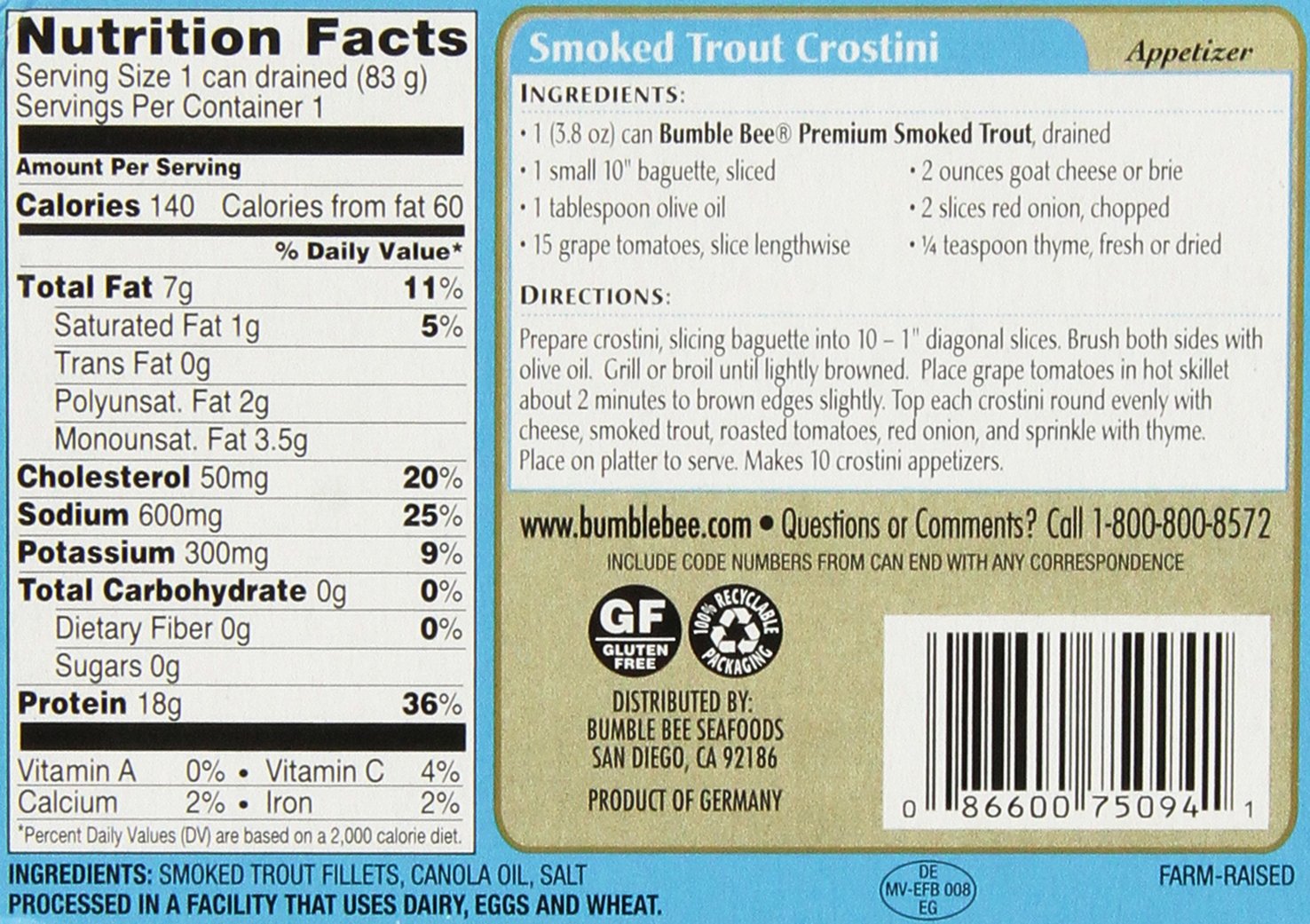 Bumble Bee Smoked Trout (Skinless) in Canola Oil 3.8oz Can (Pack of 6)