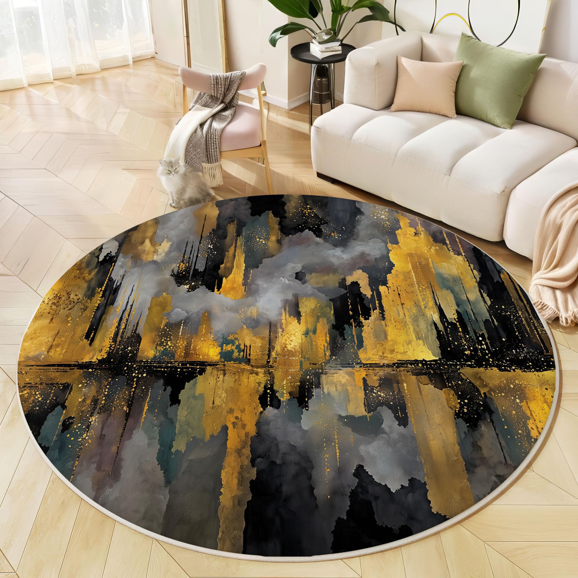 Tapis Rond De Ville en Feuille d'or Tapis Peinture À l'huile Abstraite Fin, Moquette Or Noir Doux Antidérapant Lavable pour Chambre À Coucher Entrée Salle À Manger Dortoir Familial, 100 Cm
