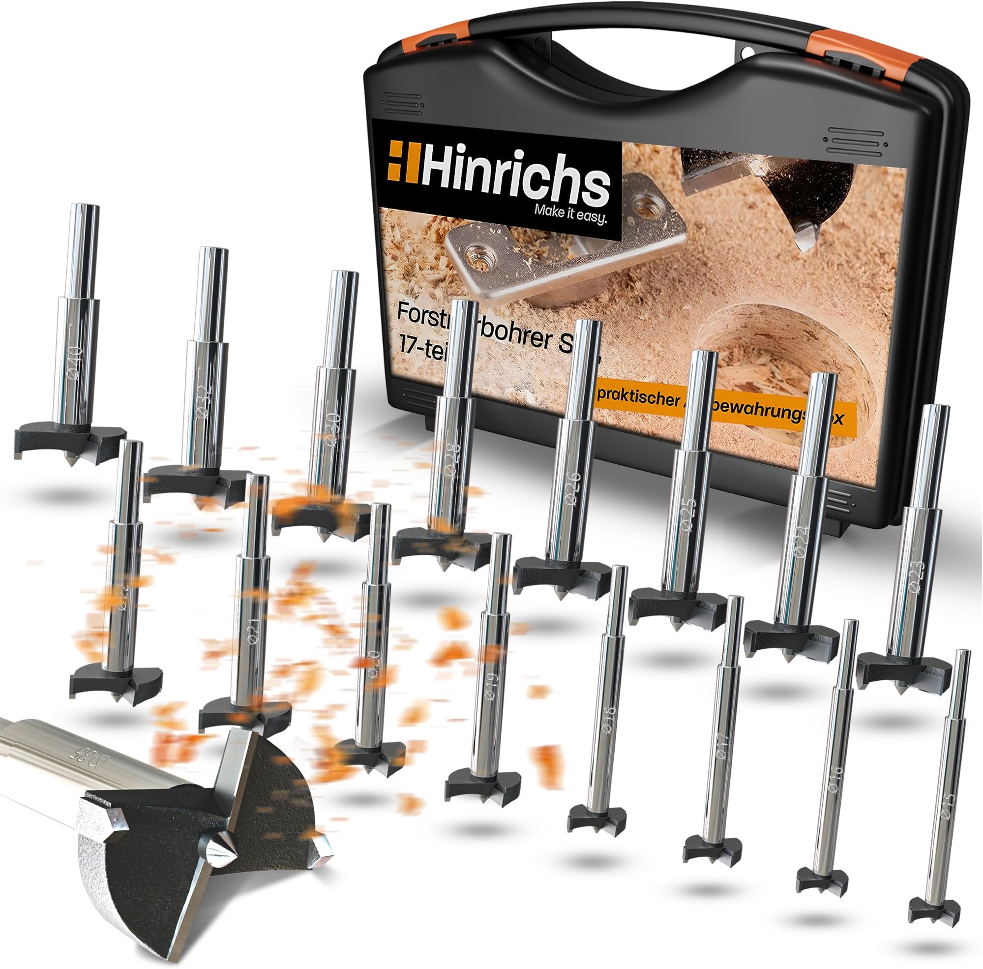 Hinrichs Forstner Bit Sets 17PCS in Case - Forstner Drill Bits 15 to 40 mm - for Various Tasks, Wood Drill Bits, Dowel Drill Bits, Hinge Drill Bits