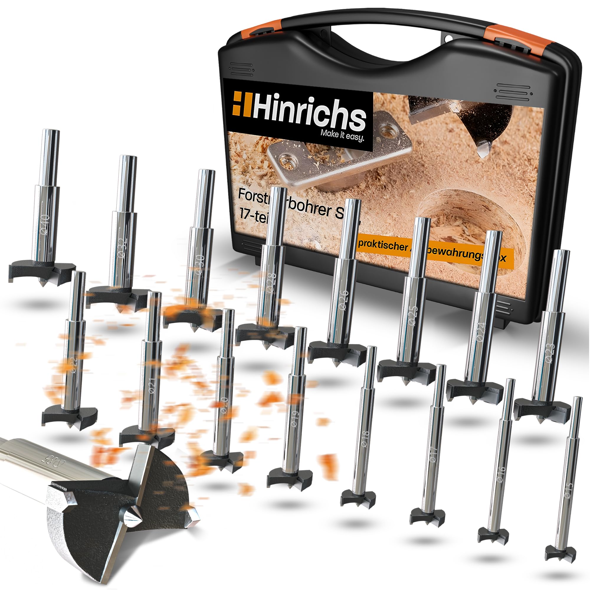 Hinrichs Forstner Bit Sets 17PCS in Case - Forstner Drill Bits 15 to 40 mm - for Various Tasks, Wood Drill Bits, Dowel Drill Bits, Hinge Drill Bits