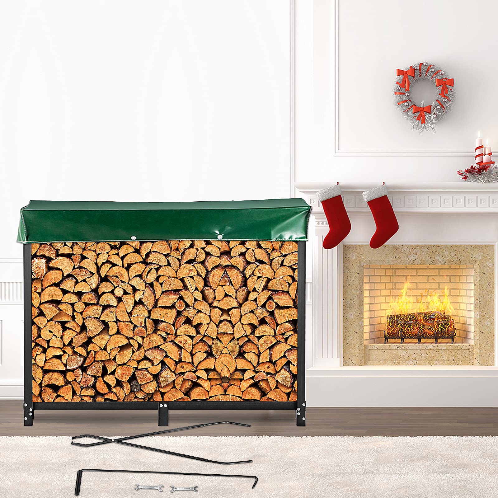 VEVOR Kaminholzregal 2,4 m Outdoor Schwarz Kaminholzregal Ständer Stahl Outdoor Holzregal Kaminholzhalter mit Tragkraft 100 lbs Abdeckung & Kaminbesteck-Set Firewood Log Rack 8ft