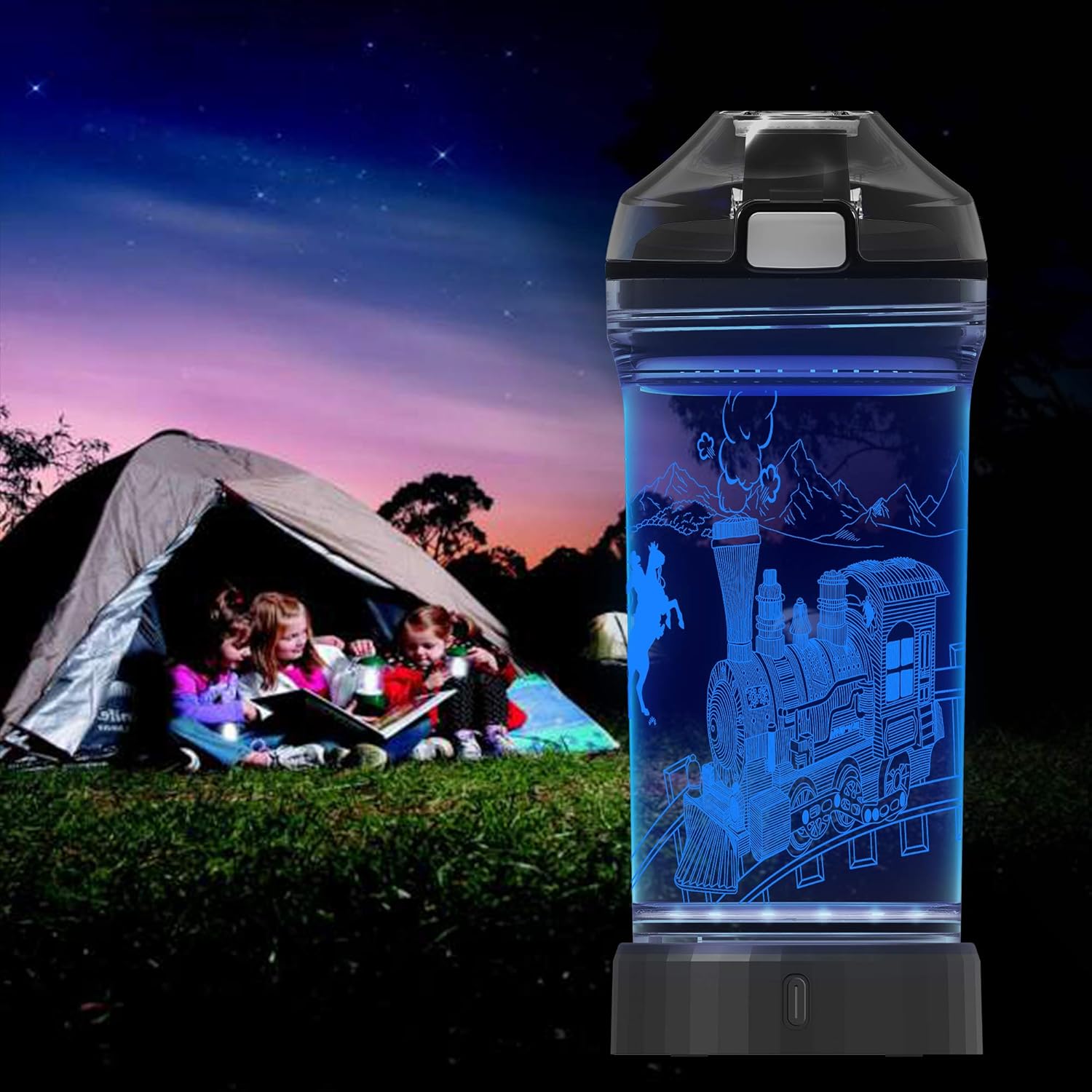 Lightzz Kids Train Water Bottle with 3D Glowing LED Light, Ideal Travel Cup Train Gifts for Back to School Girls Boys Child Holiday Camping Picnic, Light Up Glowing Bottle 14 Oz Tritan BPA Free
