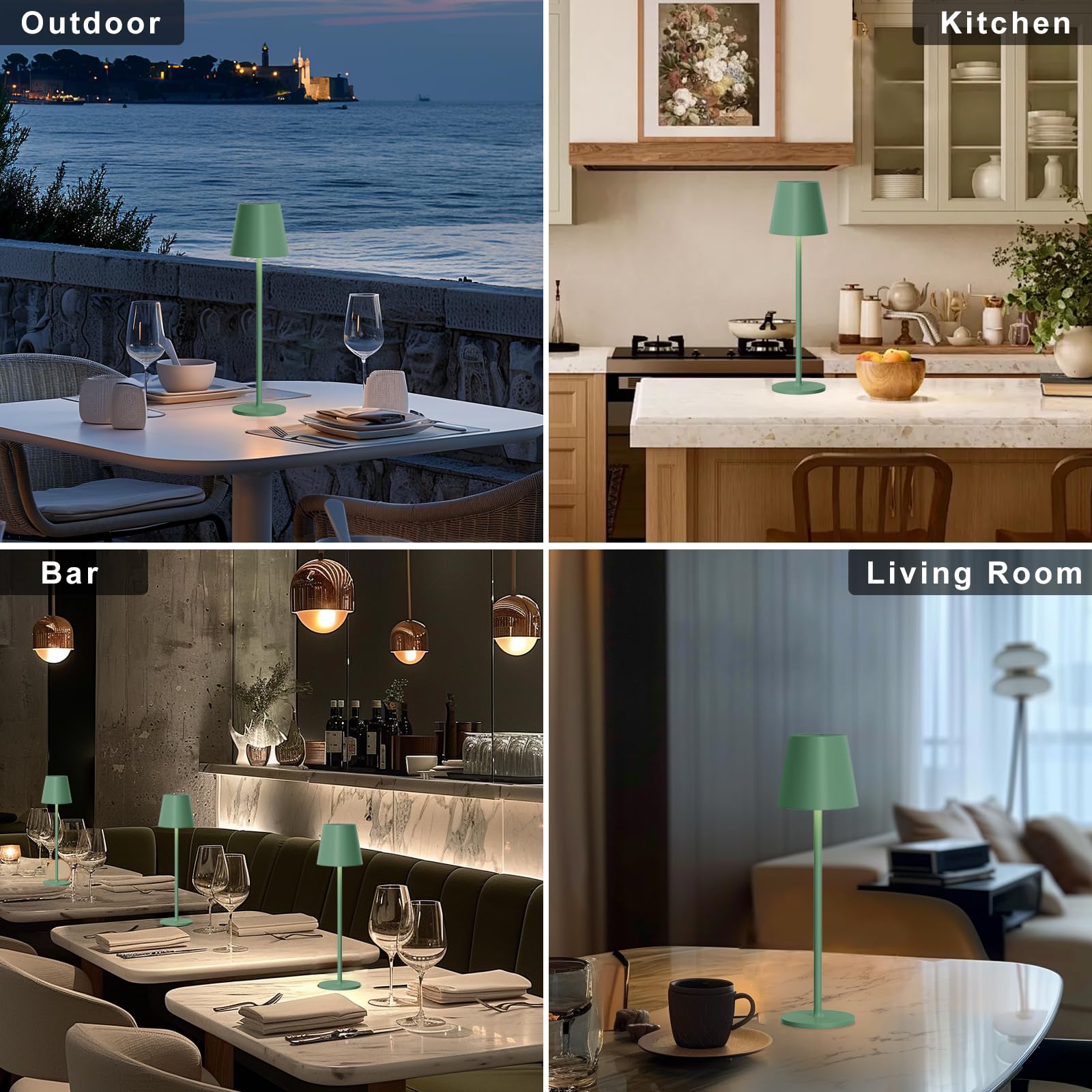 PreeOtti Lampada da Tavolo LED Senza Fili, Touch Dimmerabile, 3 Modalità di Colore, Lampada da Comodino Ricaricabile USB-C per Camera da Letto, Soggiorno, Campeggio all'aperto Esterno Verande(Verde)