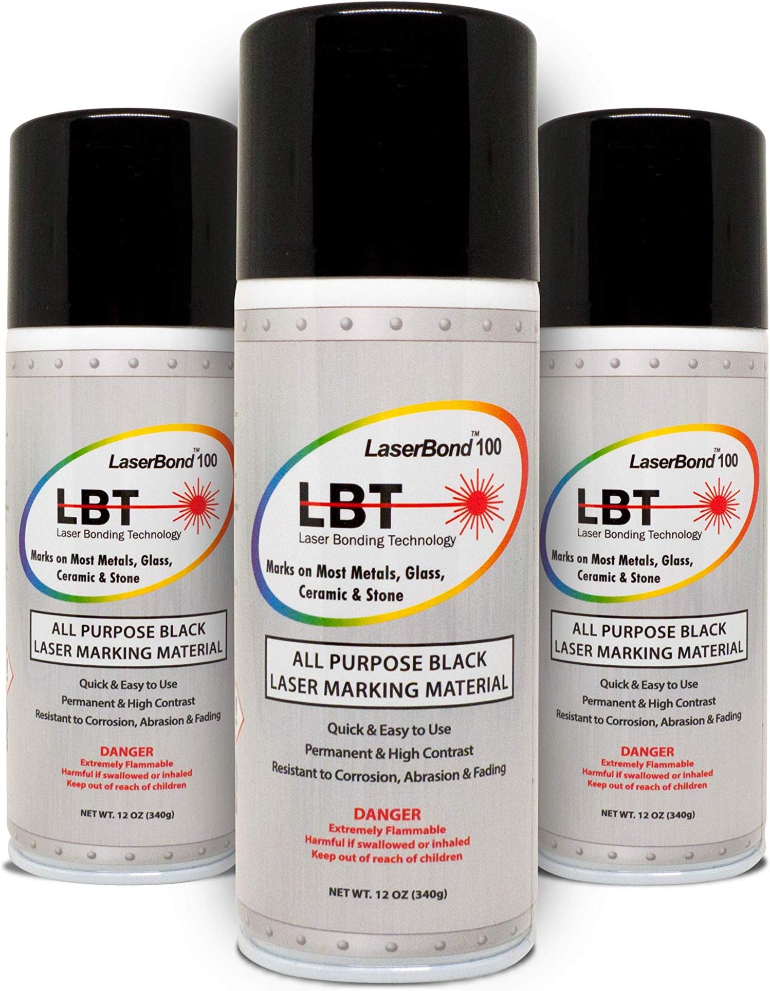 LaserBond 100 Aerosol Black Laser Marking Spray 12 oz 3 Pack, Compatible with CO2 Fiber Diode and YAG Laser Engravers, Permanent Marks on Metal Glass Stone and Ceramic