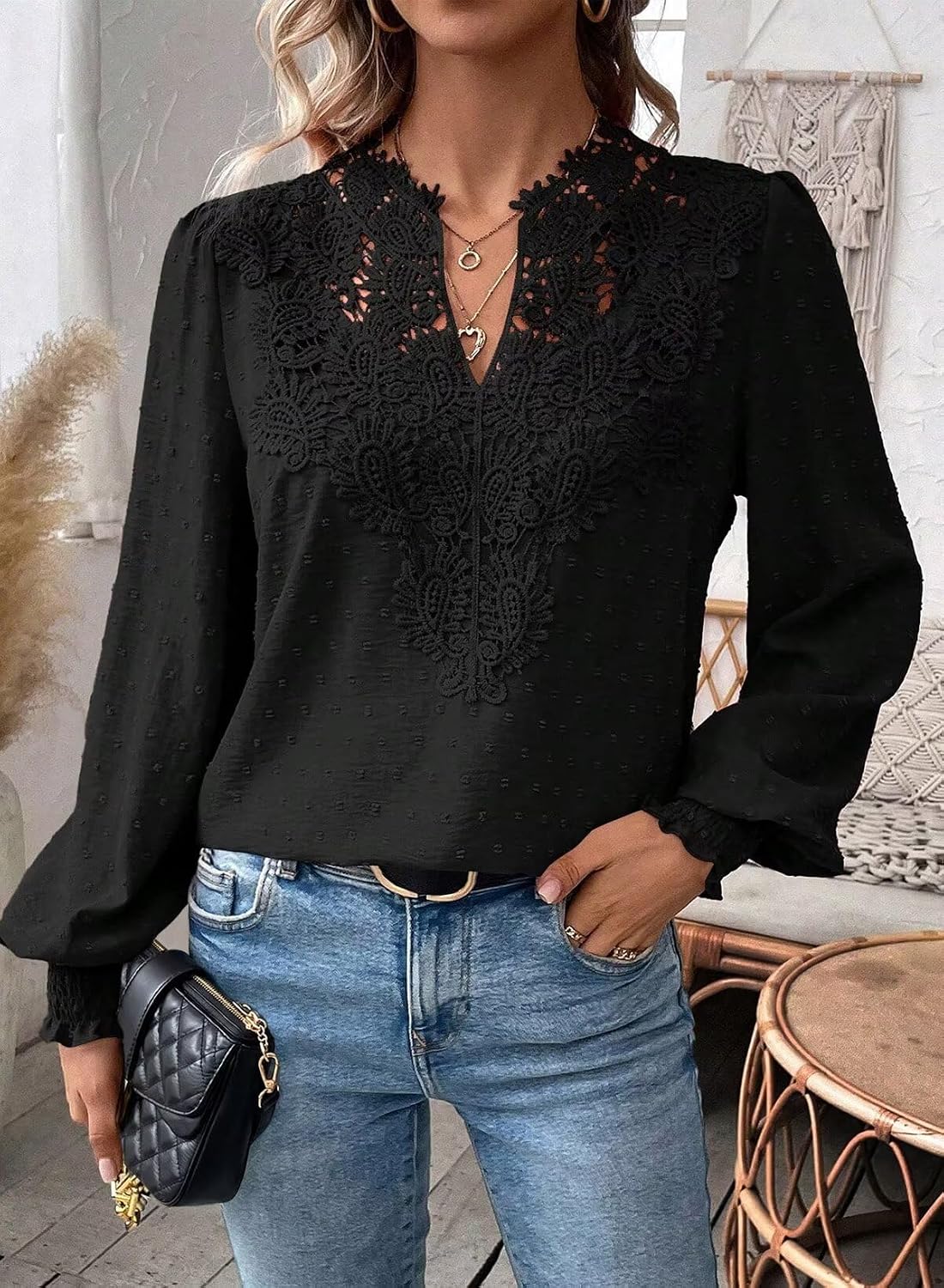 Falechay Long Sleeve Shirts for Women Boho Flowy Lace Floral V Neck Tops image 5