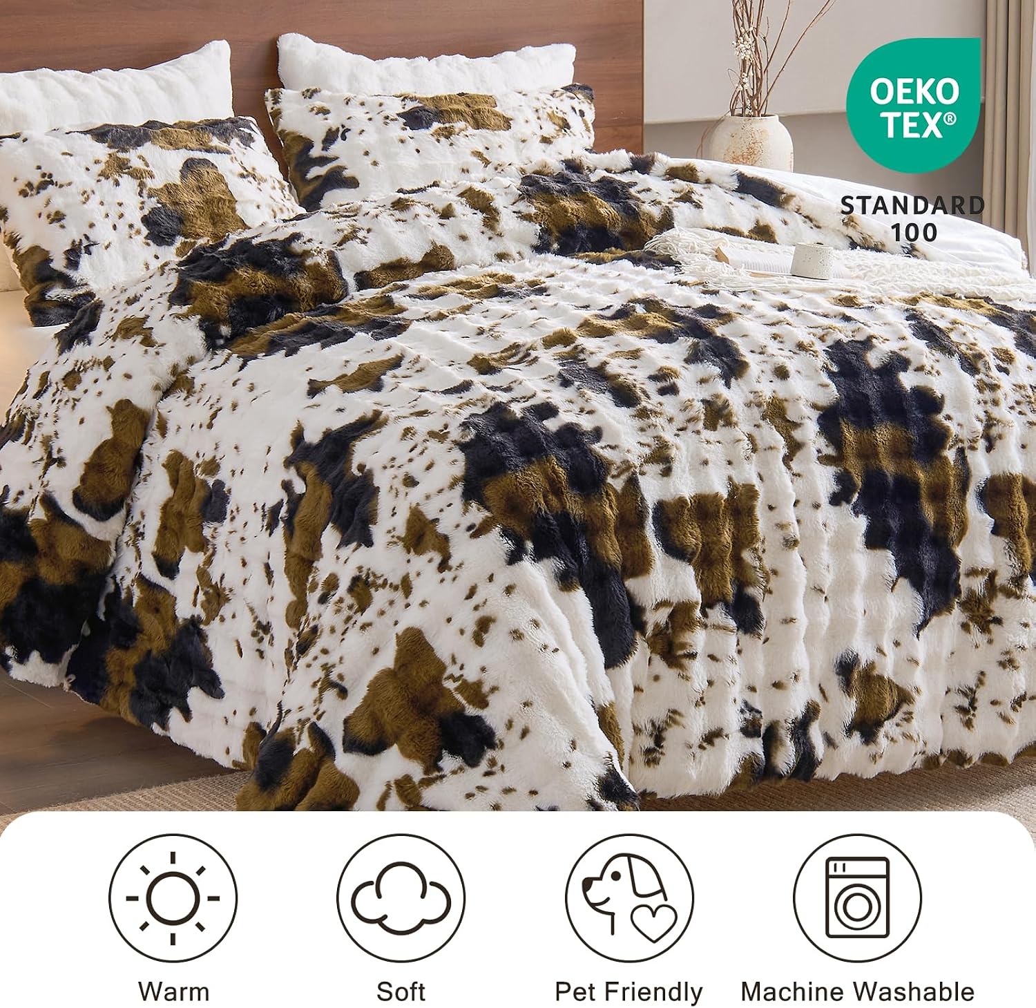 EMME Fluffly Faux Rabbit Fur Bubble Comforter Set Queen, Cow Print