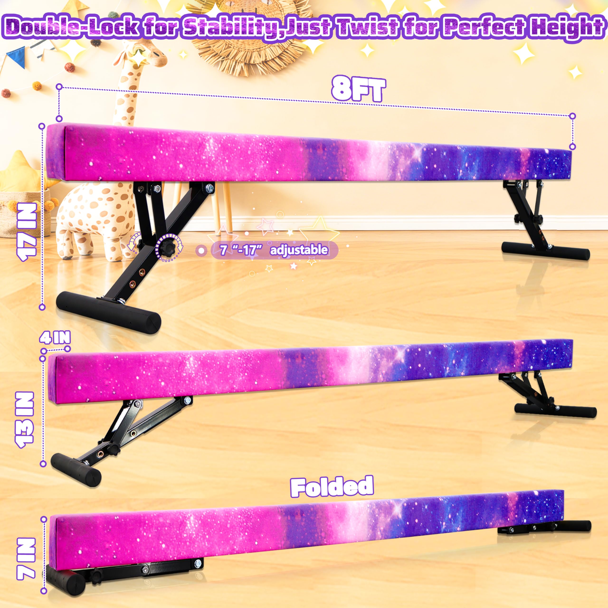 FC FUNCHEER Verstellbarer Schwebebalken für Kindergymnastik, 4 Knöpfe, Schnellverstellung, Tri-Lock-Stabilität, Wettkampf, 10,2 cm Breite, 3 Höhen (43,2/81,3/42 cm) für Heimtrainingsgeräte ab 4 Jahren