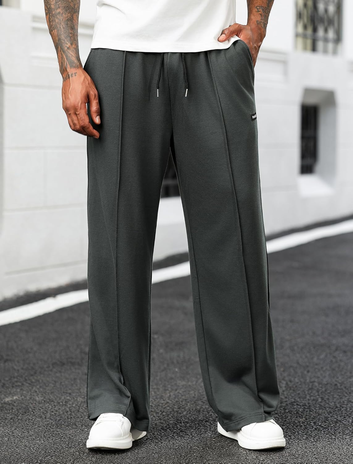 ZAFUL Men's Baggy Drawstring Elastic Waist Sweatpants with Pockets Solid Color Straight Patchwork Wide Leg Lounge Long Pants - Image 2