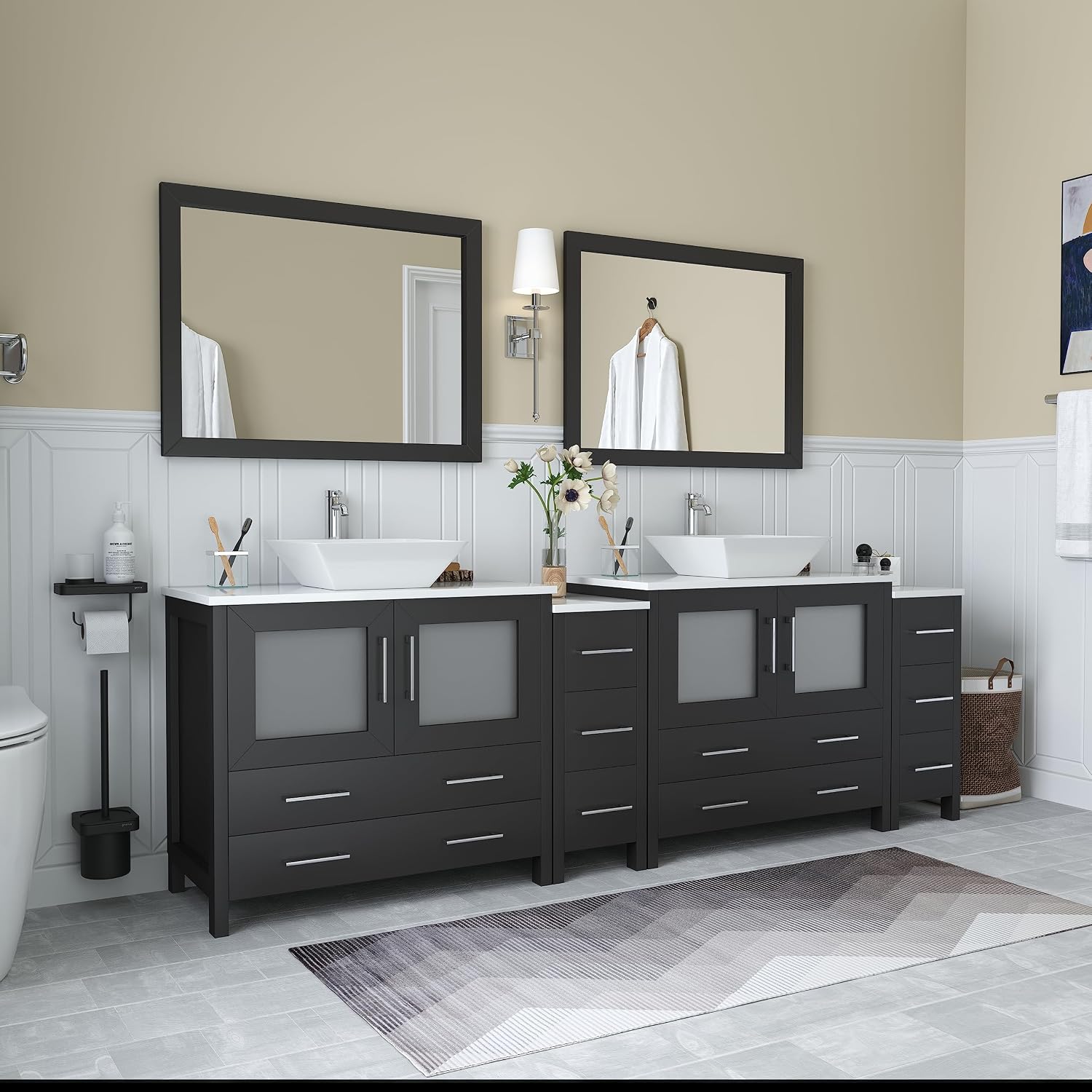 Vanity Art 96 Inch Vessel Double Sink Bathroom Vanity Cabinet with 2 Mirrors, Engineered Marble Top Bathroom Cabinet Compact Set with 10 Dovetail Drawers and Soft Closing Doors, VA3136-96-E