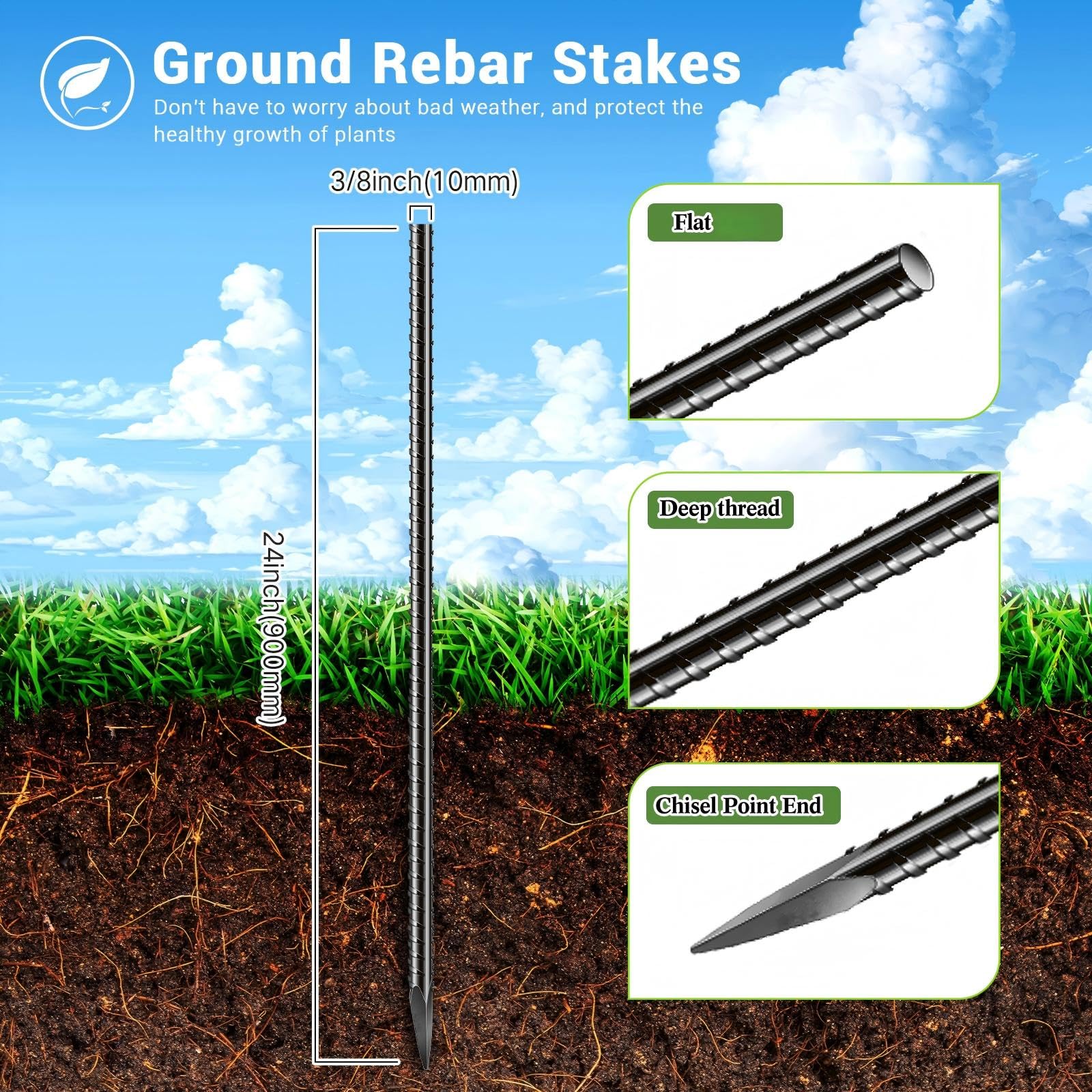 Jetec Lot de 12 piquets d'armature de sol noirs de 61 cm, ancrages au sol robustes en acier pour plantes, piquets de jardin longs et droits en métal avec extrémité biseautée pour jardin, béton, tente