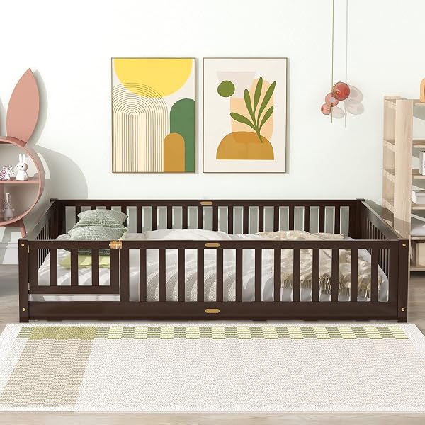 i-POOK Wood Montessori Bed Frame with Wood Slats, Fence & Door for Children Girls and Boys(with Bed Slats)