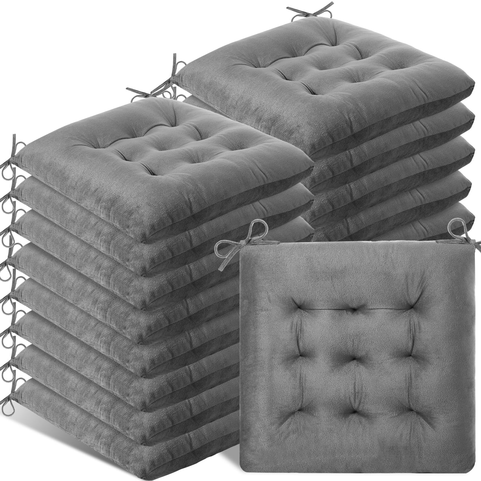 Timgle 16 Pack Seat Cushion Chair Cushions Pads Patio Cushions for Outdoor Furniture Chair Pads with Ties Non Slip Chair Mat for Kitchen Office Dining Sofa Indoor Outdoor Use, 16 x 16 Inch (Gray)