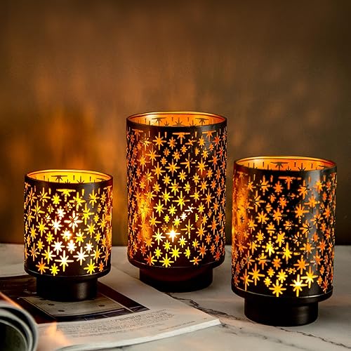 Portavelas de metal para velas en frasco, juego de 3, portavelas de huracán para velas votivas, candelabros vintage negros y dorados para centro de