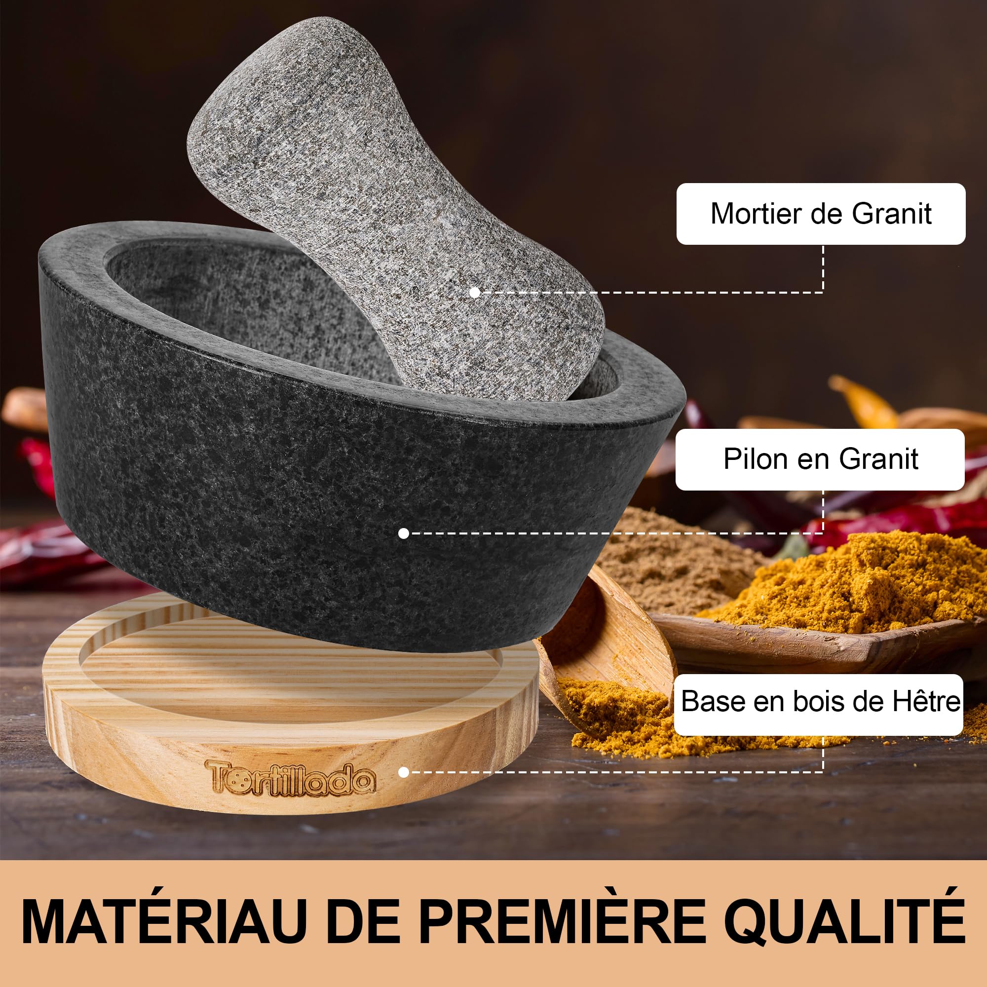 Tortillada - XXL Ensemble mortier et pilon de 16 cm en granit naturel avec base en bois anti-rayures Moulin à épices et à herbes en granit Broyeur de pilules avec 50 recettes, Noir