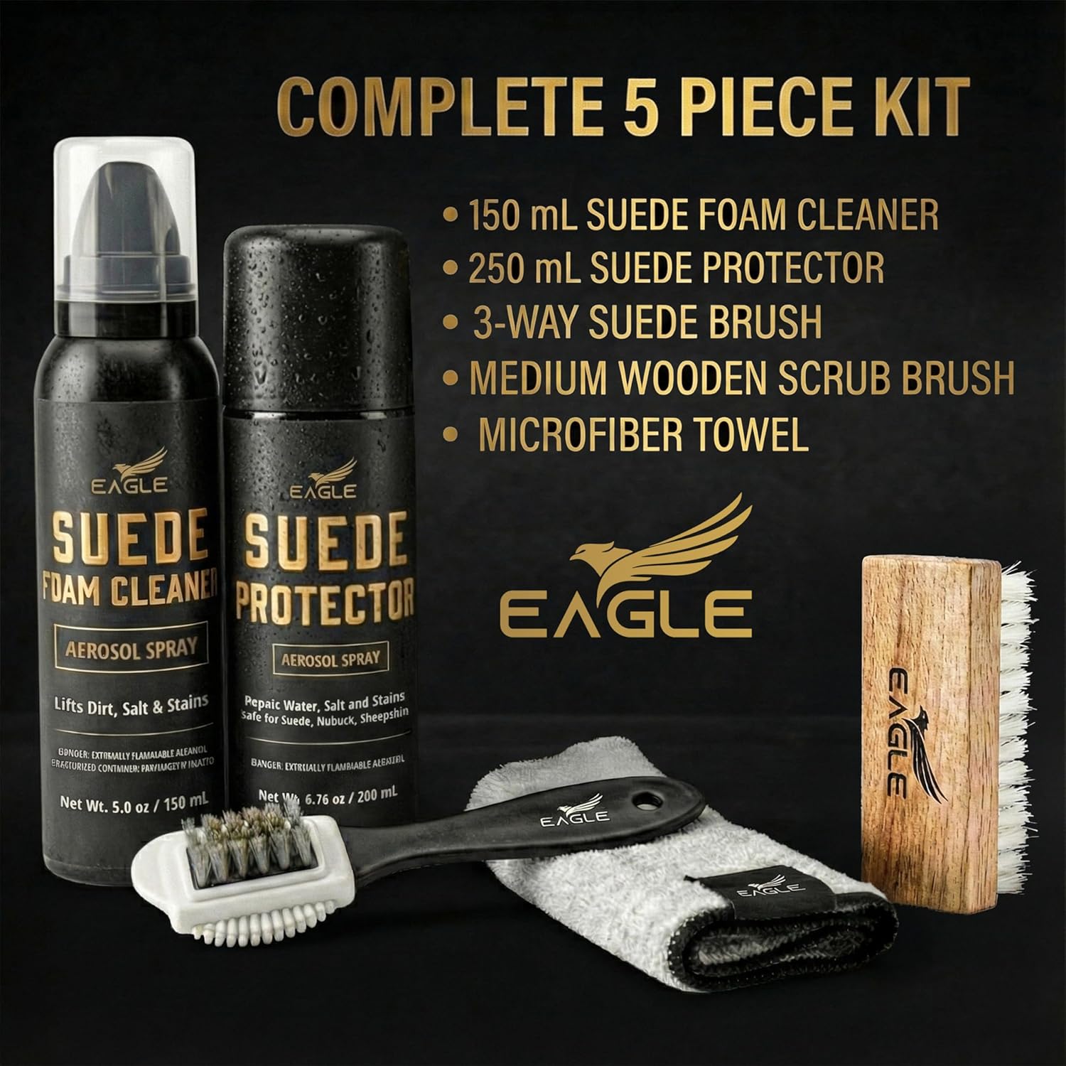 Eagle Suede & Nubuck Cleaning Kit – 5-Piece Set with Foam Suede Cleaner & Protector Spray, 3-Way Brush, Scrub Brush & Cloth – Suede Care Kit for Shoes & Boots- Compatible with Ugg Boots - Image 5