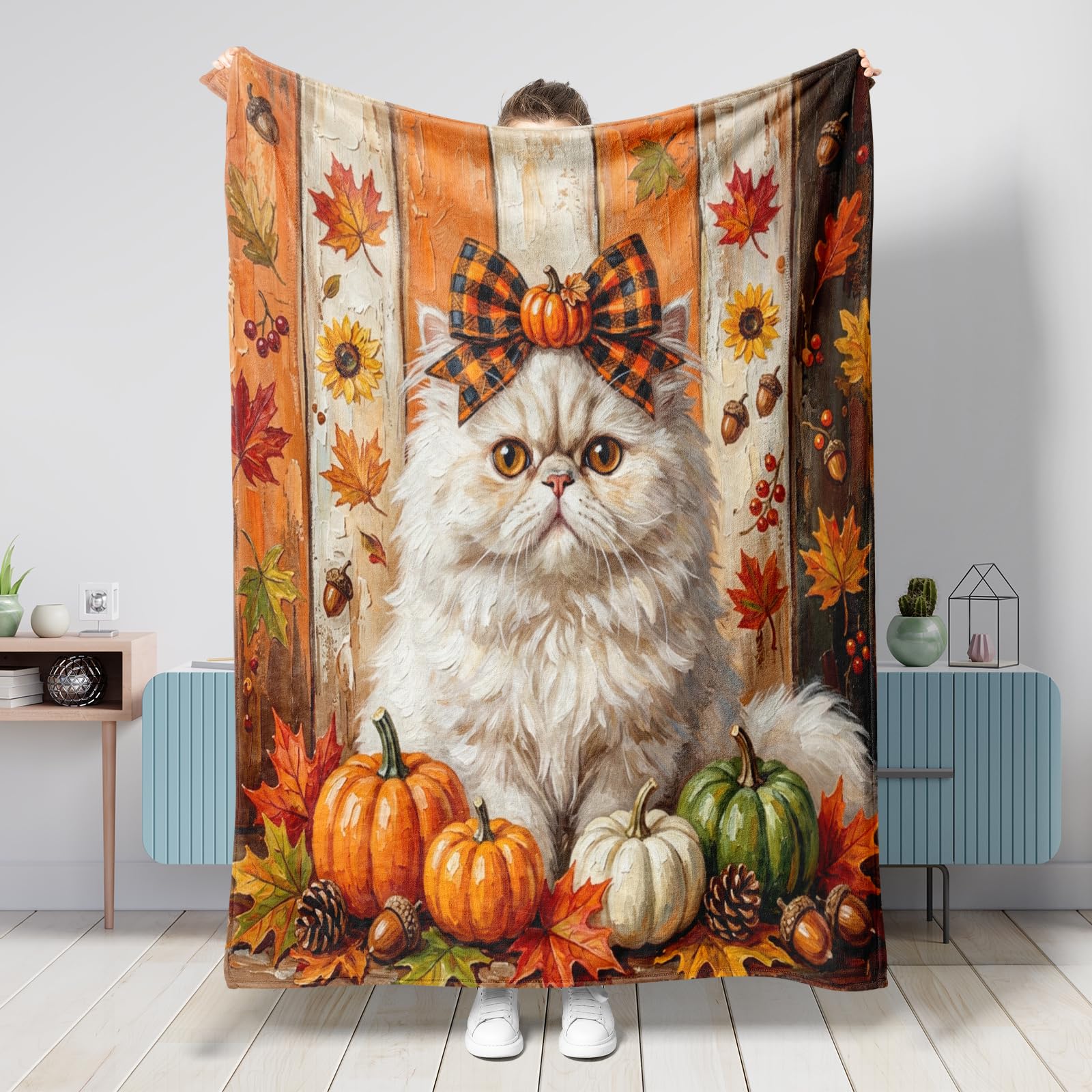 Grande couverture chat persan d'automne plaid pelucheux de ferme pour canapé et salon rustique