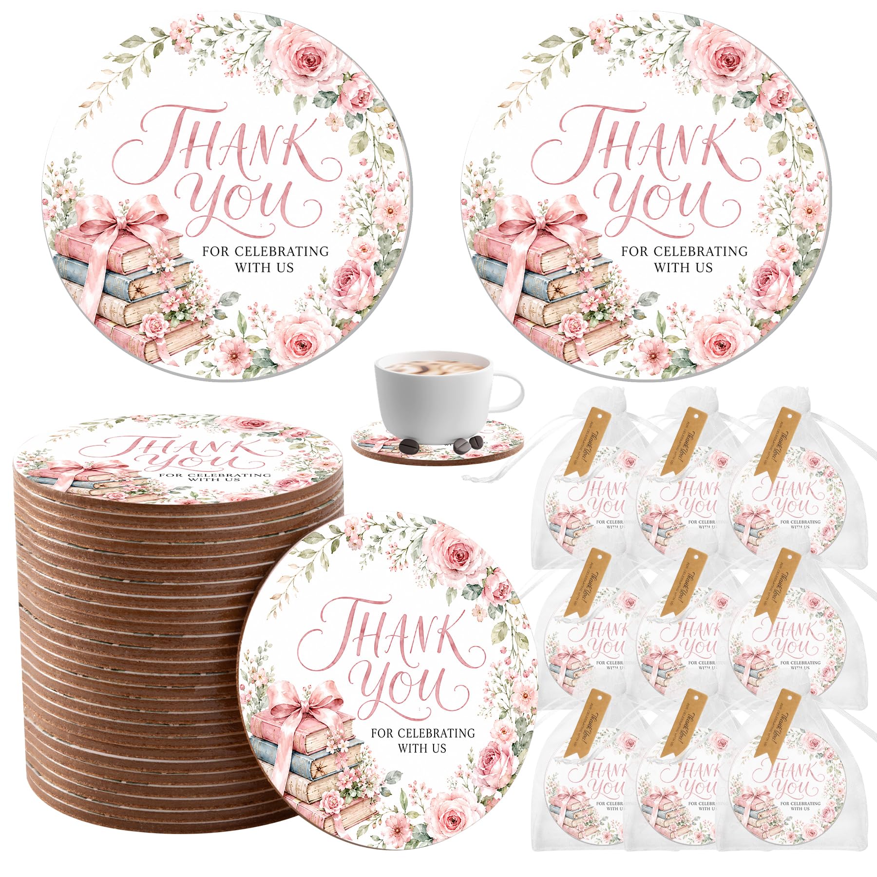50 PCS Her Next Chapter Book Themed Bridal Shower Cork Coasters, New Chapter Bridal Shower Cork Coasters with Gift Bags and Thank You Cards, Bridal Shower Favor