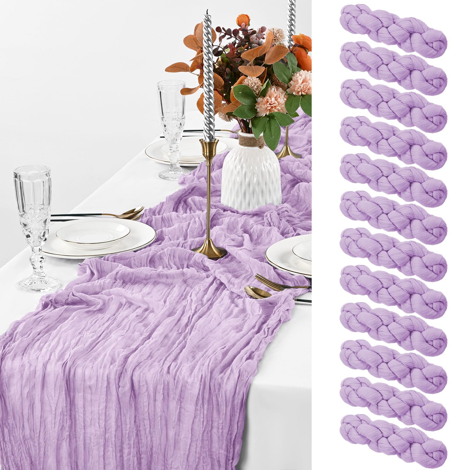 Photo 1 of 12 Pack Light Purple Table Runner, 10FT Cheesecloth Table Runner Long Romantic Semi Sheer Rustic Boho Gauze Table Runners for Wedding Bridal Shower Birthday Party Decorations(21.5×120 Inch)