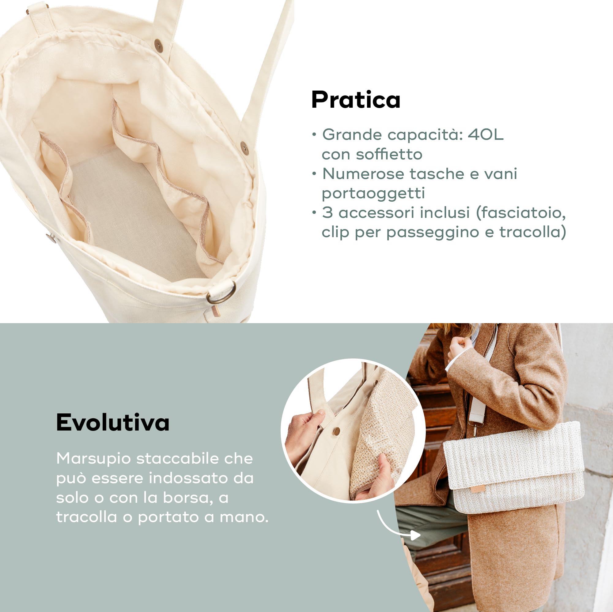 Babymoov Borsa Fasciatoio Tote Bag - Borsa grande formato da 35L - Multiuso - Numerosi scompartimenti - Fasciatoio, Attacchi per passeggini - Tracolla inclusa - 2in1, Pochette da 3L staccabile - Bloom