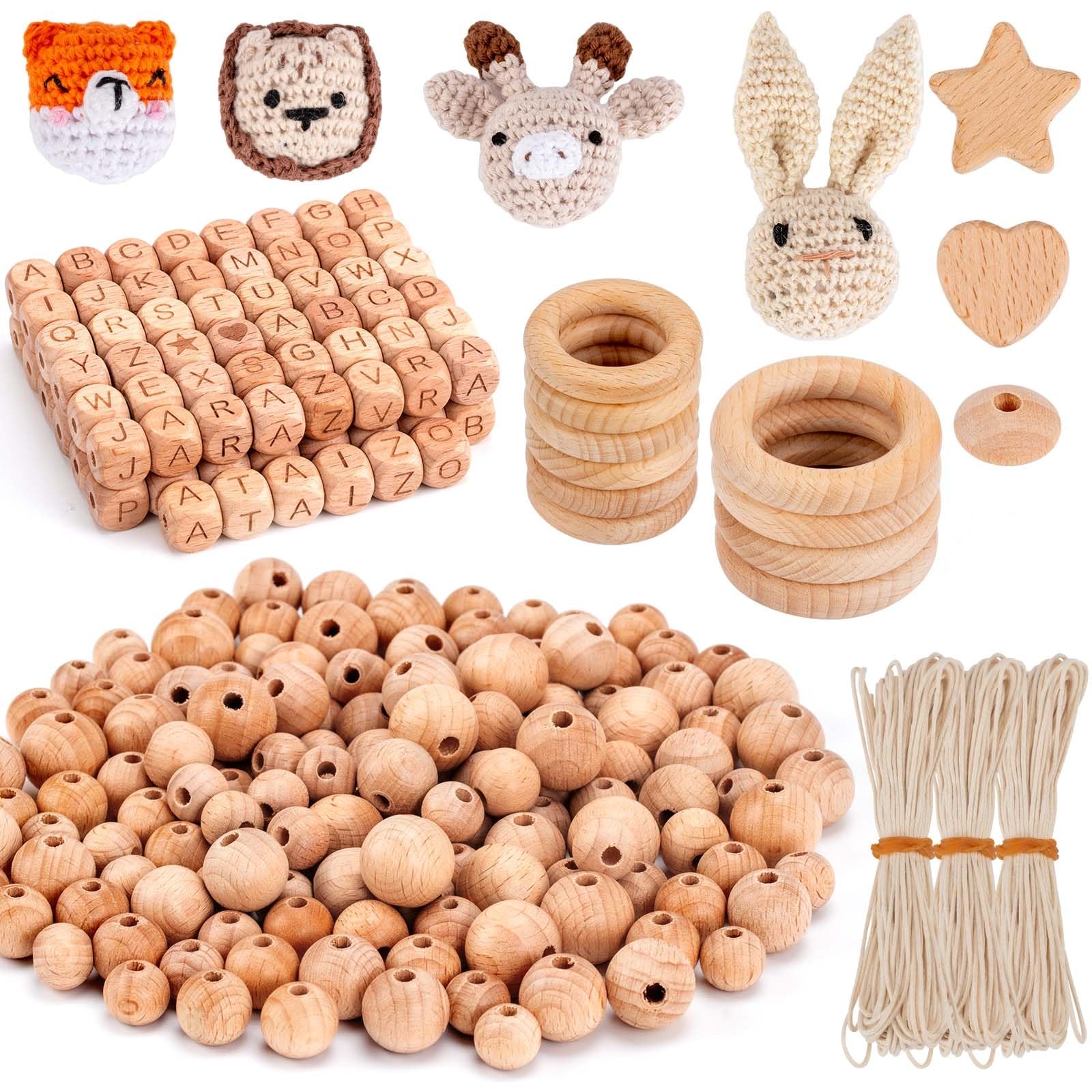 Artlatu Macramé houten kralenset, 115 stuks, 102 stuks, 20 mm, gehaakte houten kralen, 4 stuks houten clips, 20 m knutseltouw, voor doe-het-zelf