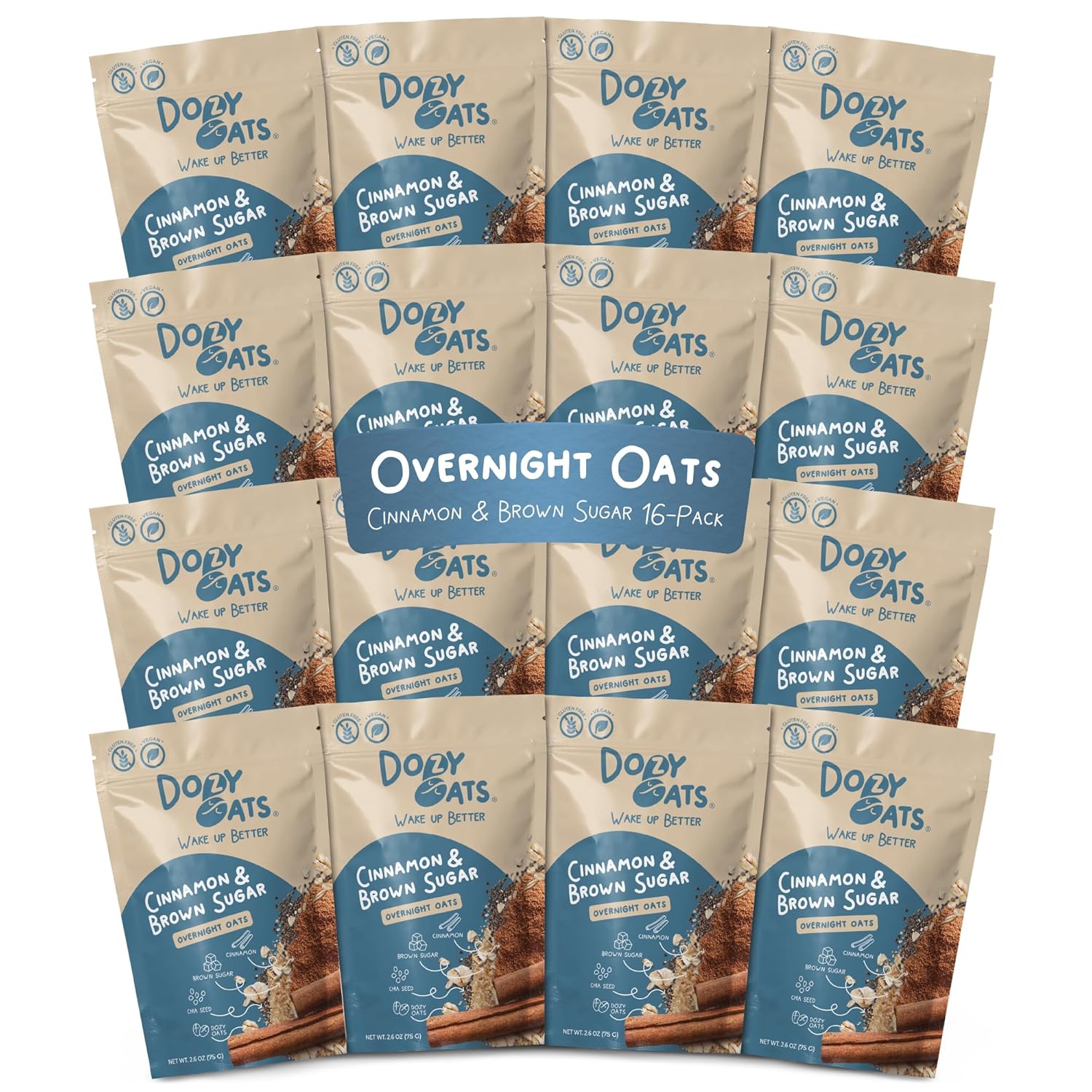 Dozy Oats Overnight Oatmeal Packets, Cinnamon and Brown Sugar Multipack with Rolled Oats and Chia Seeds. Gluten-Free, Natural Source of Protein and Fiber, 8-Pack and Jar