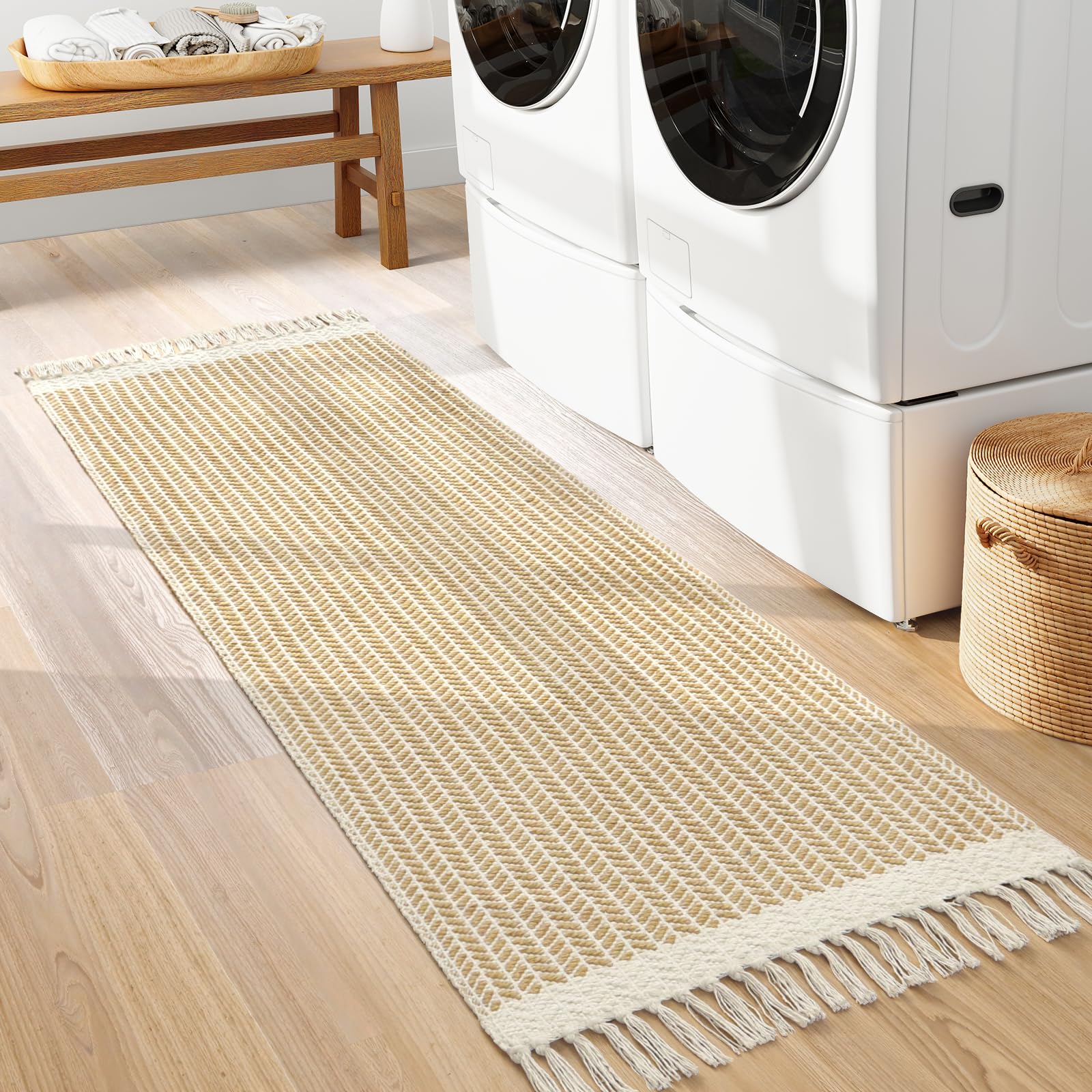 Lahome Boho-Läufer für Flur, 5x15 cm, Waschraumteppich, leichter Eingangsläufer, gewebte Baumwolle, Überwurfmatte mit Quasten, Bauernhaus, Niederflor-Läufer für Küche und Badezimmer, Khaki